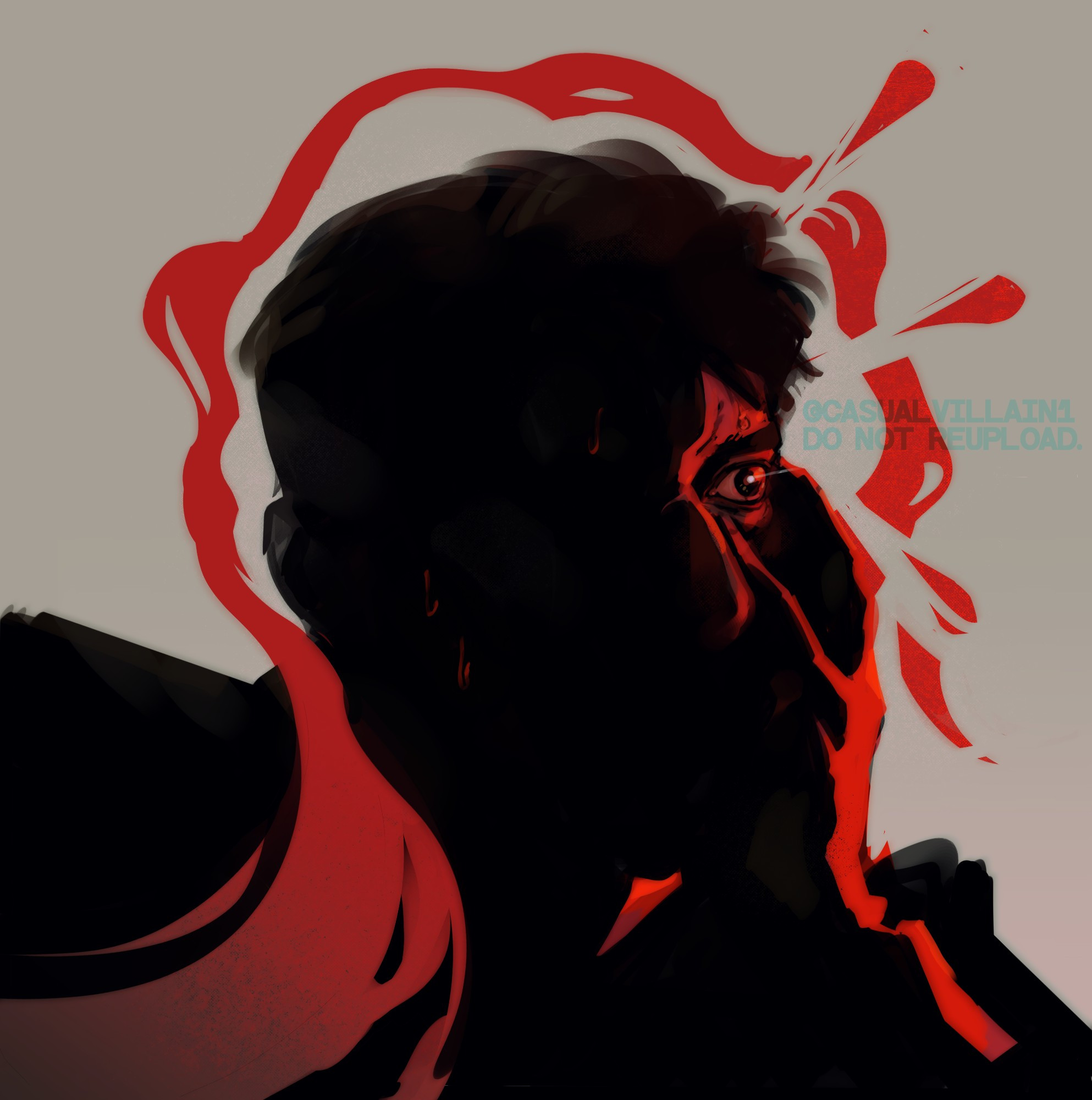 drawing of Kenshi from MK1 silhouetted with red light, clutching the visible part of his face with one wide, panicked eye. there's a red streak that forms a warped halo around his head.