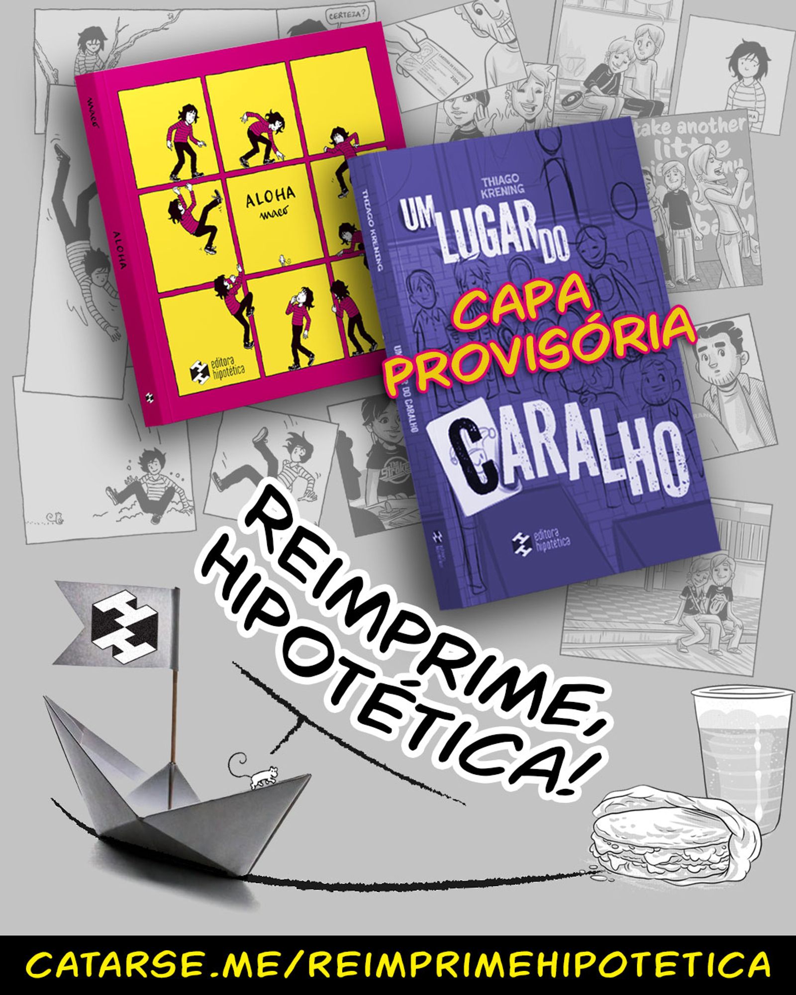 Imagem mostrando um barquinho de papel com as capas dos livros Aloha e Um lugar do caralho ao fundo.