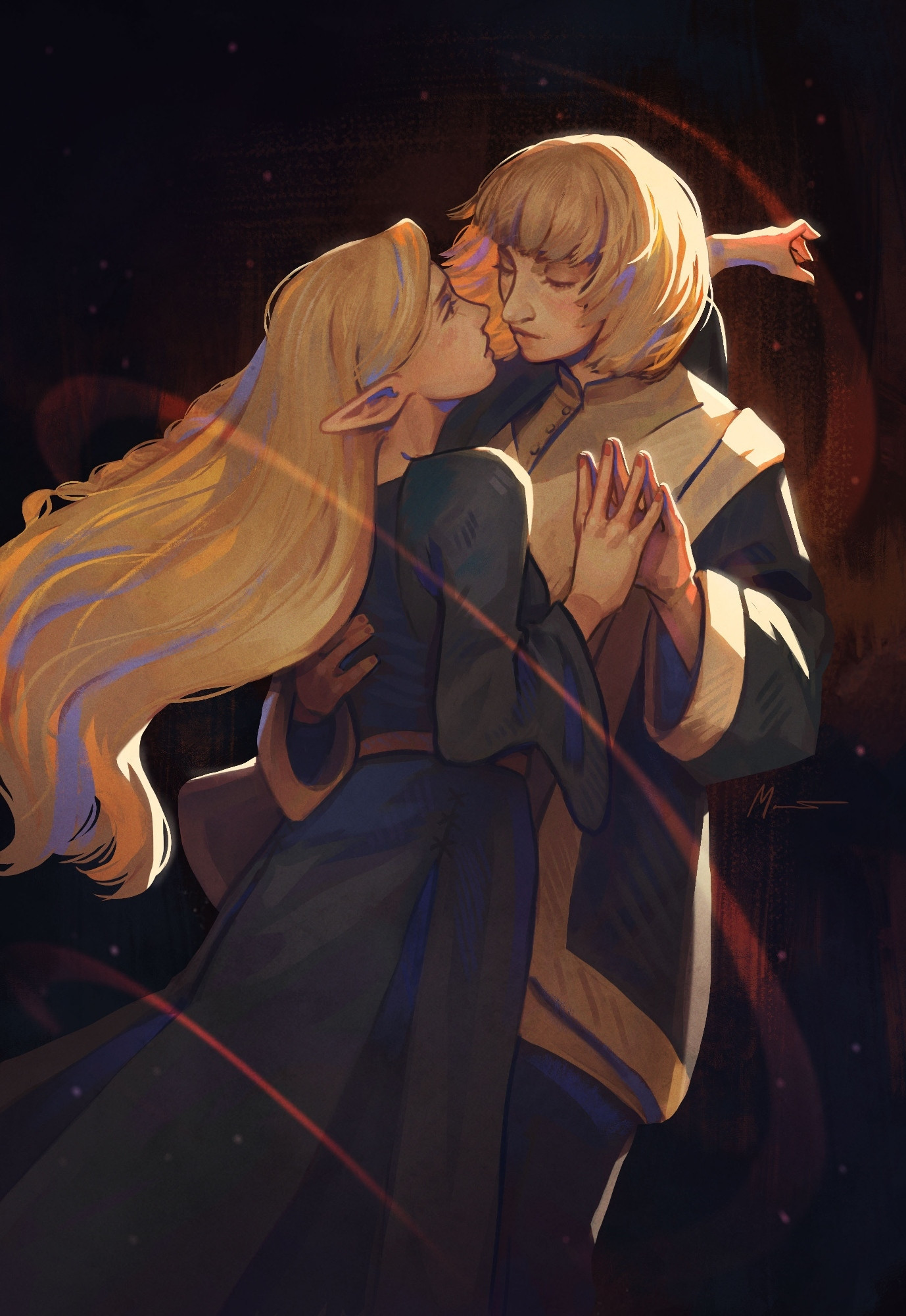 Marcille and Falin from Dungeon Meshi, embracing. There's a glowy light from the right. 