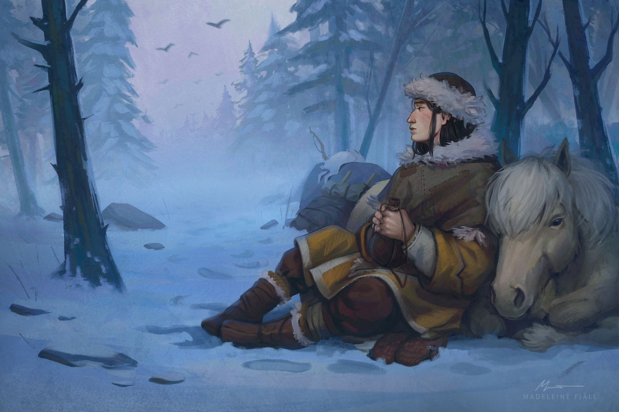 A woman is sitting in the desolate snow, leaning against her small horse. She wears lots of muted clothes in wool and furs, holding a leather bottle.