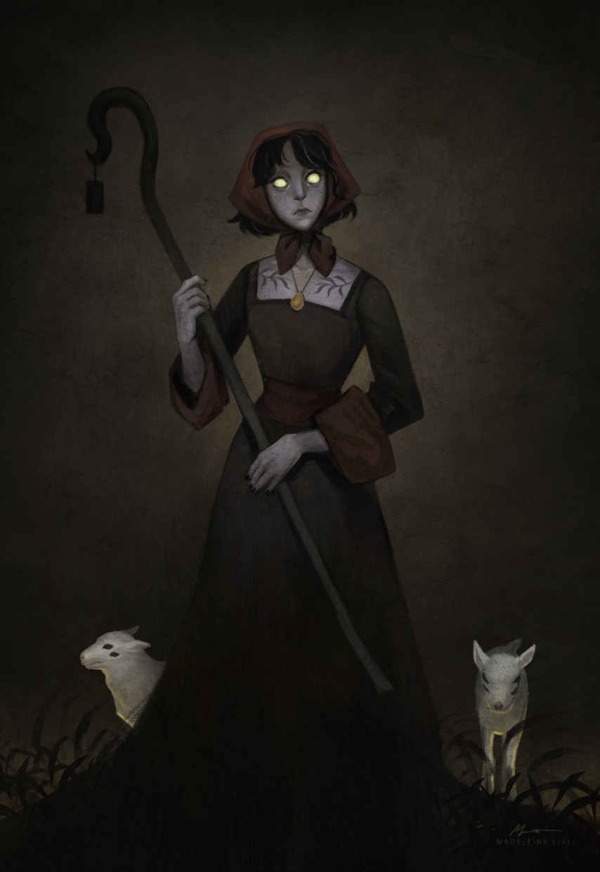 Artfight attack on @/nettlescribes. A spooky shepherd with two sheeps that has four eyes. The shepherd's eyes are glowing.