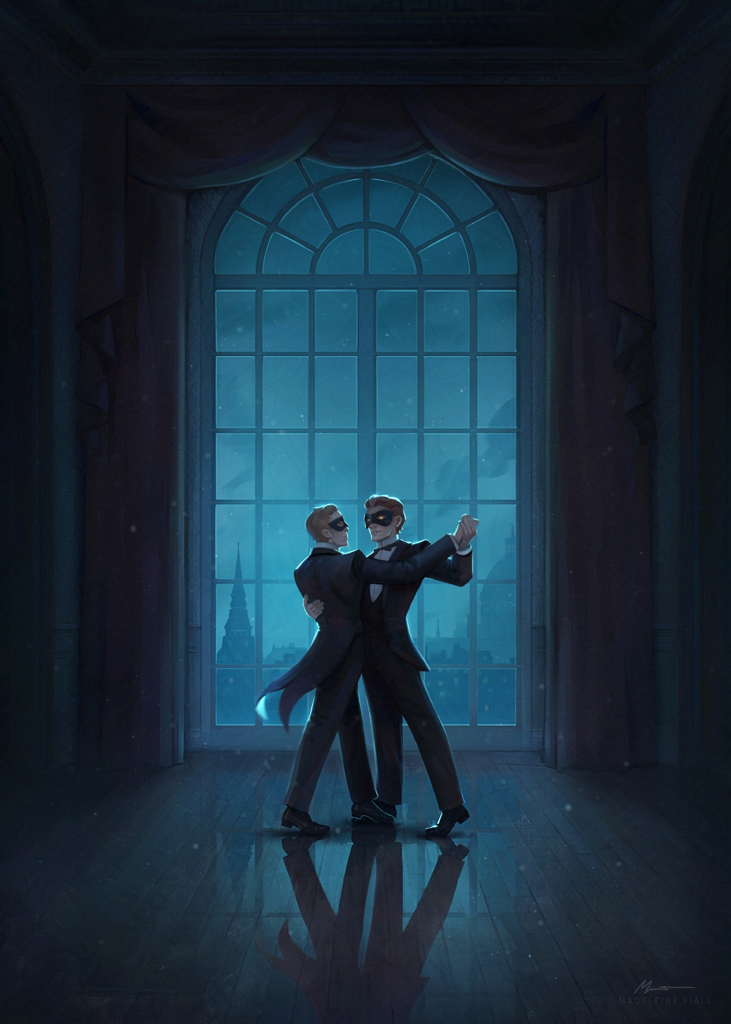 Image shows my VTM character Ellair dancing with his boyfriend in front of a large window. The floor is so shiny it reflects their shapes. 