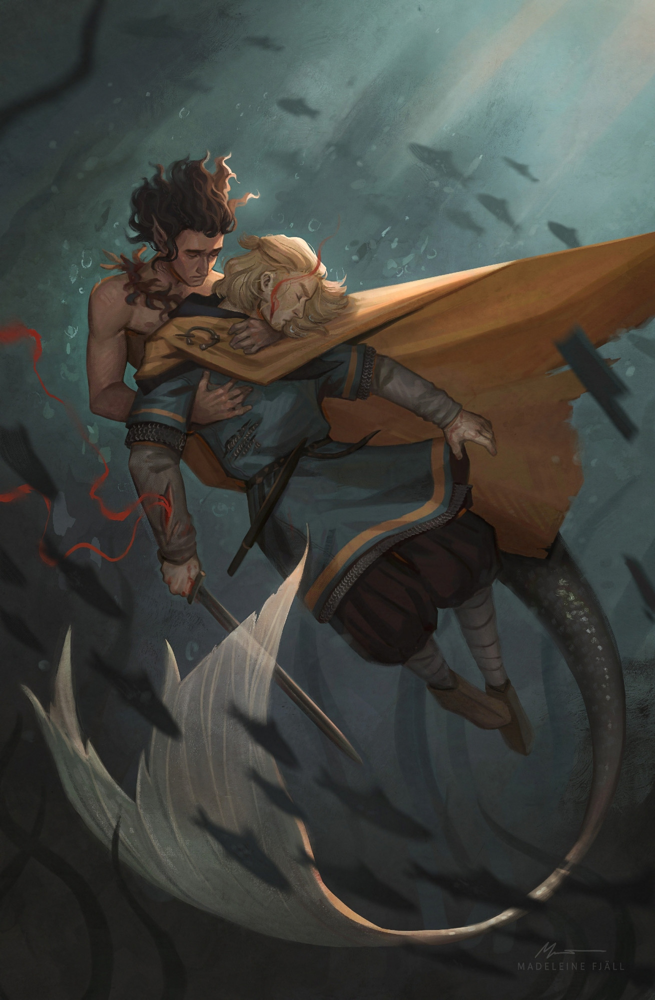 Illustration showing the characters from my book Niketas and Ulvar, but mermaid AU where Niketas is a merman. They are both underwater and Ulvar is dying.