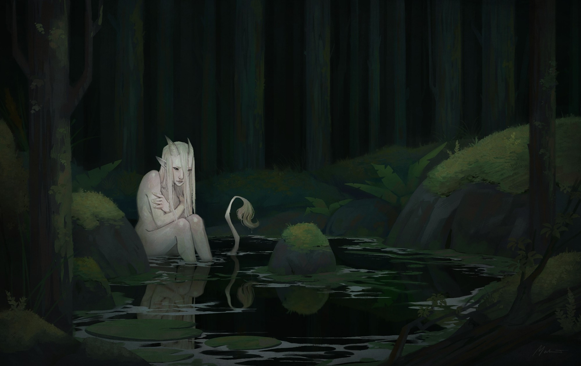 A pale changeling sitting in water in the deep dark green forest