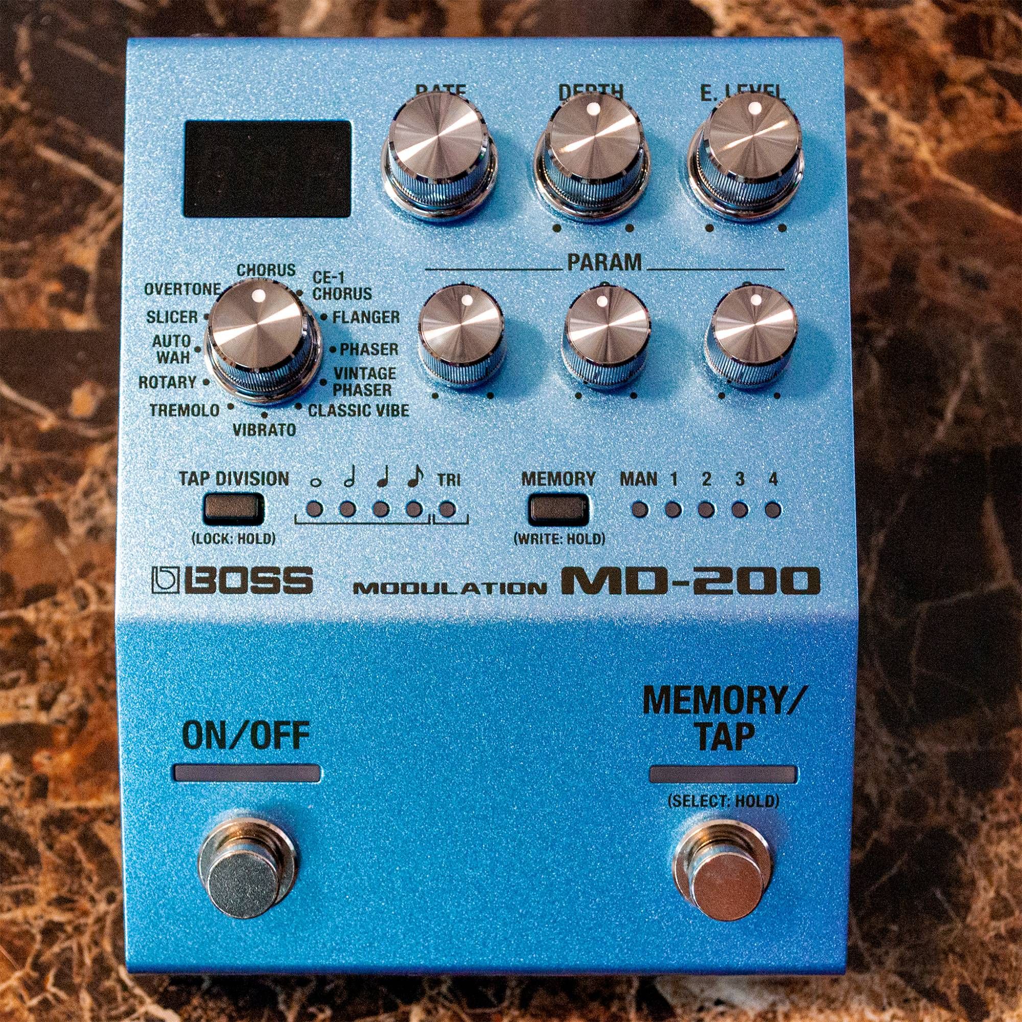 Boss MD-200 modulation pedal. It has many knobs and a couple footswitches