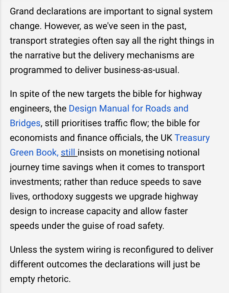 Extract from blog post. Opening text reads:

Grand declarations are important to signal system change. However, as we've seen in the past, transport strategies often say all the right things in the narrative but the delivery mechanisms are programmed to deliver business-as-usual.