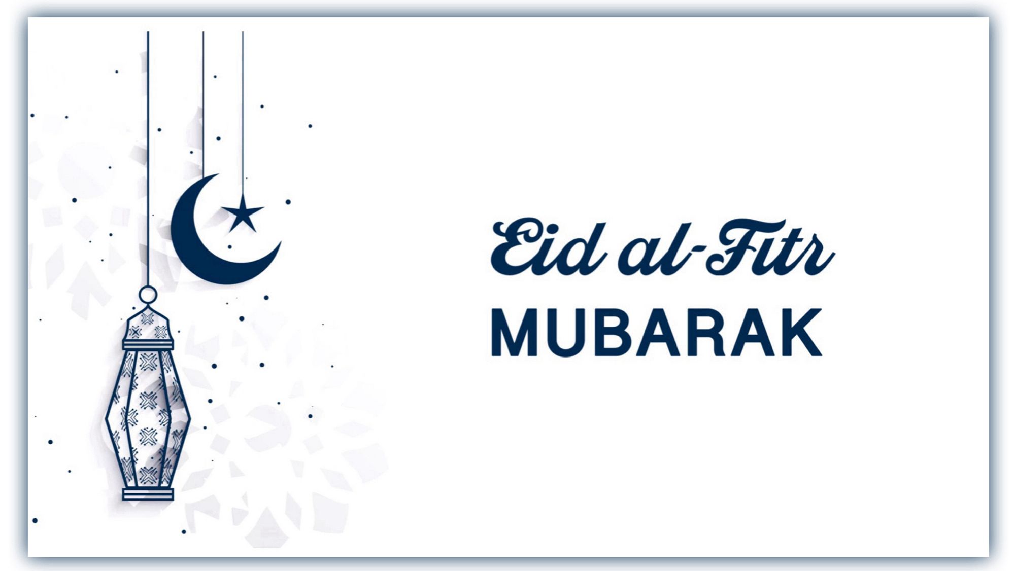 Piirretty kuva, jossa lyhty, kuunsirppi ja tähti. Teksti: Eid al-Fitr Mubarak.