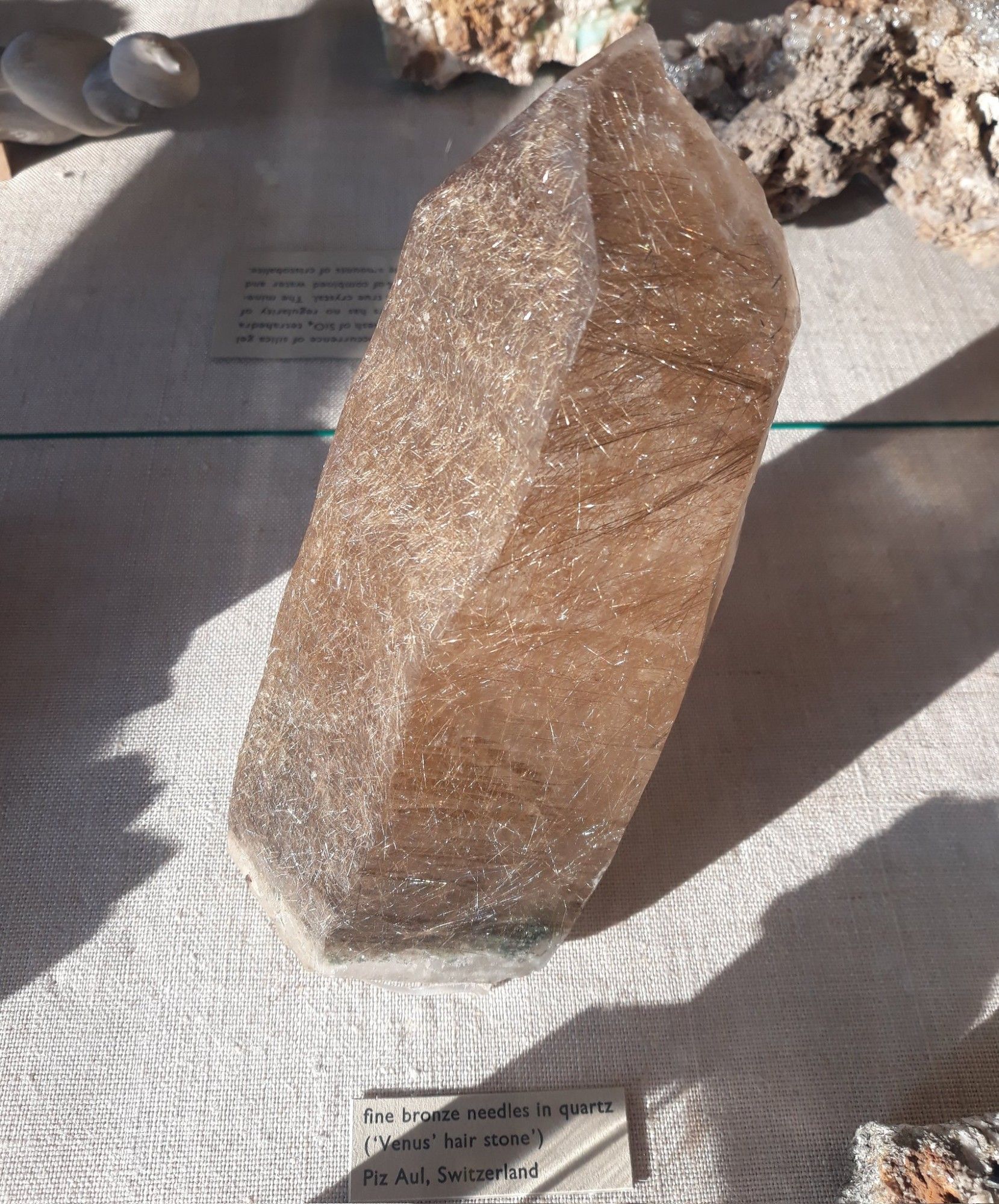 A hexagonal prism of quartz filled with golden needles of rutile. There are so many rutile needles inside, it almost looks like a mass of golden hair. The sun is shining on it so the rutile has a golden glow. On display in the Natural History Museum, London.

Label text: Fine bronze needles in quartz (Venus hair stone). Piz Aul, Switzerland.