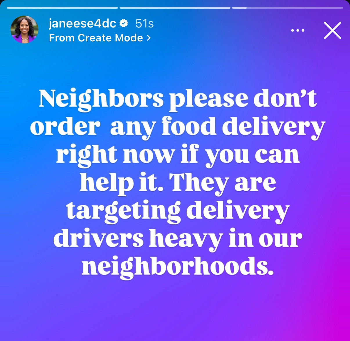 janeese4dc on instagram stories
.. •
Neighbors please don't order any food delivery right now if you can help it. They are targeting delivery drivers heavy in our neighborhoods.