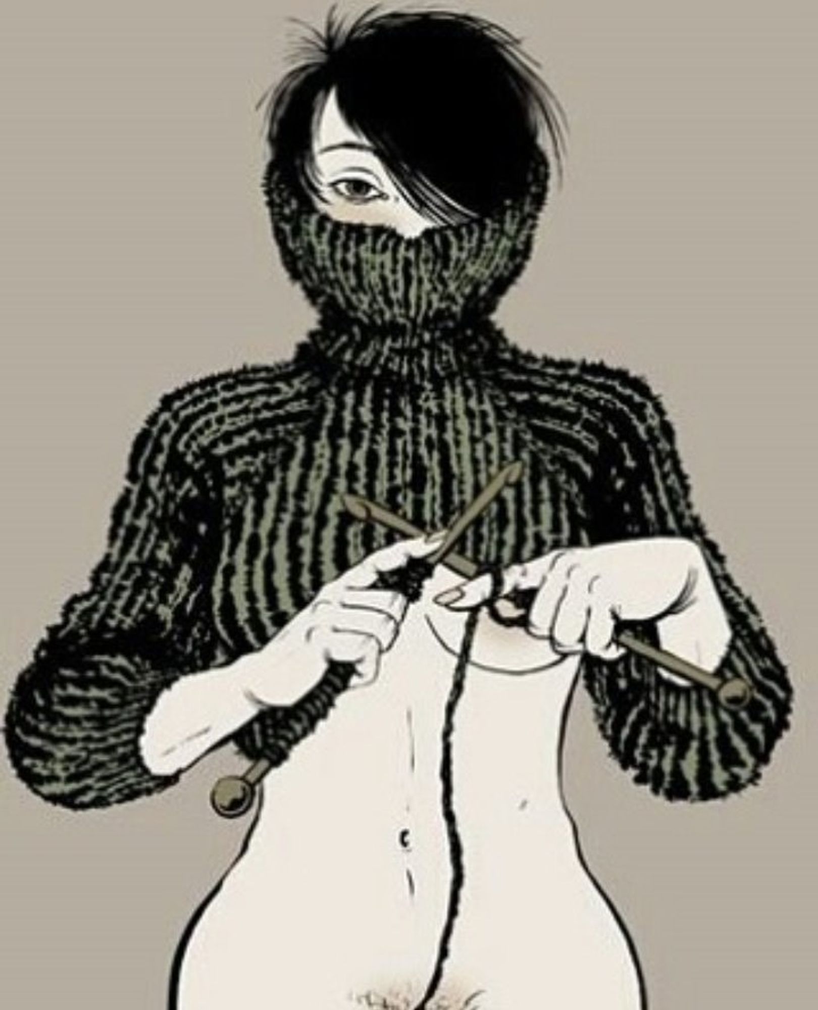 Illustration de Yuko Shimizu, une seule image en noir et blanc, voiresépia.  Une femme tricote un pull qu’elle porte en même temps, dont le col montant camoufle jusqu’aux oreilles et le nez, descend jusqu’à la poitrine. Pour l’heure inachevé, elle tricote en utilisant, semble-t-il, ses poils pubiens, si l’on en croie le fil qui semble tiré de cet endroit, dont le tricot tend à recouvrir le bas d’un sein à demi couvert, à mesure de l’avancée de l’ouvrage. … Erotico- écolo-tricotin…