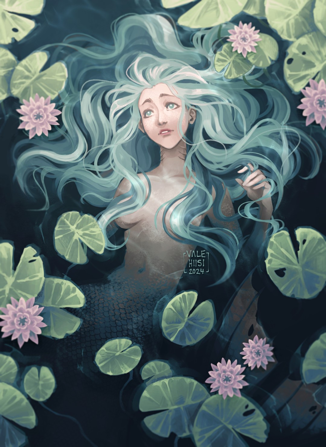 mermaid in the middle of lily pads