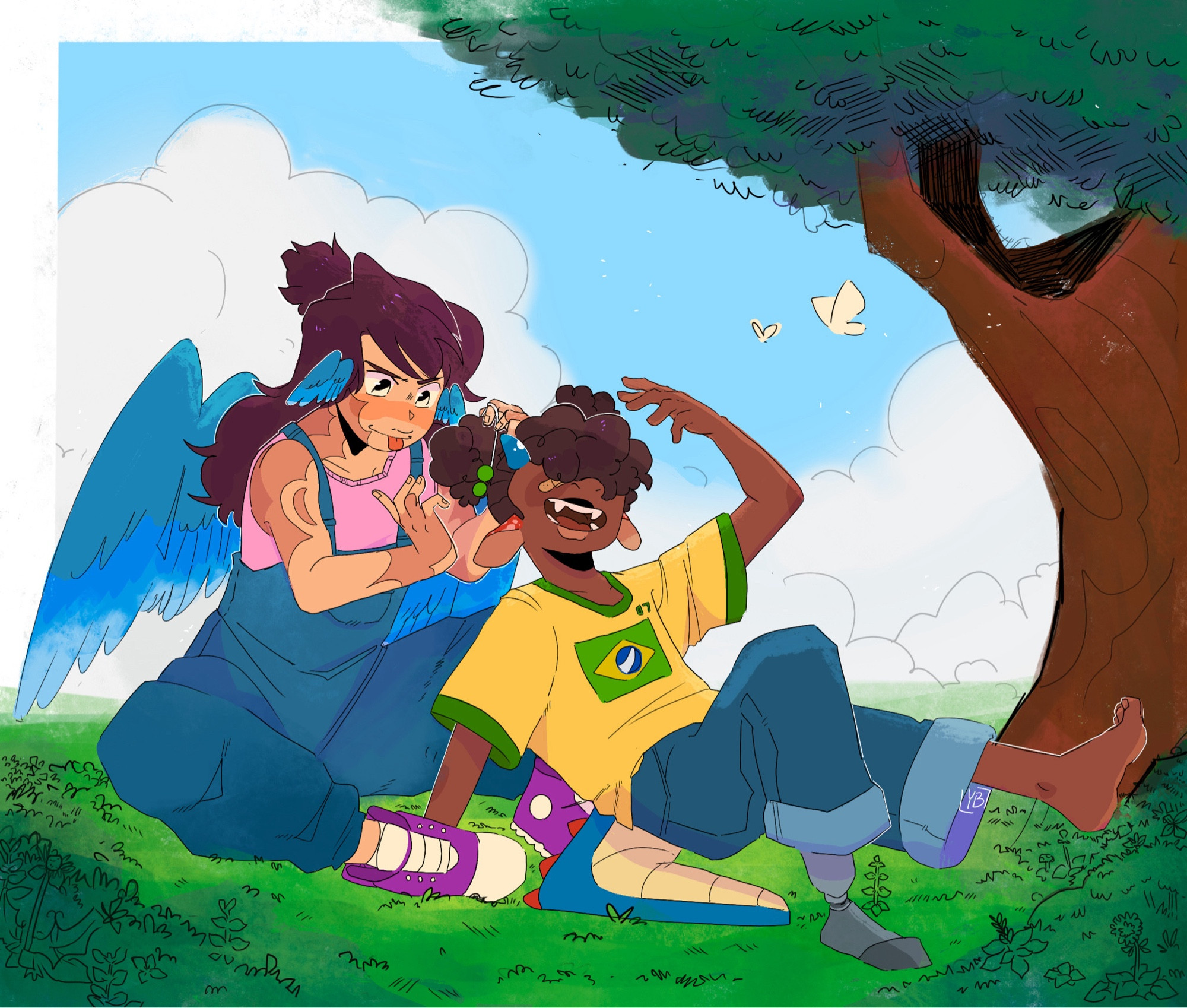 jaiden from qsmp putting richarlyson’s hair up for him. richas has a prosthetic, blue horns, and a blue tail. jaiden has blue wings on her back and ears. they’re sitting under a tree