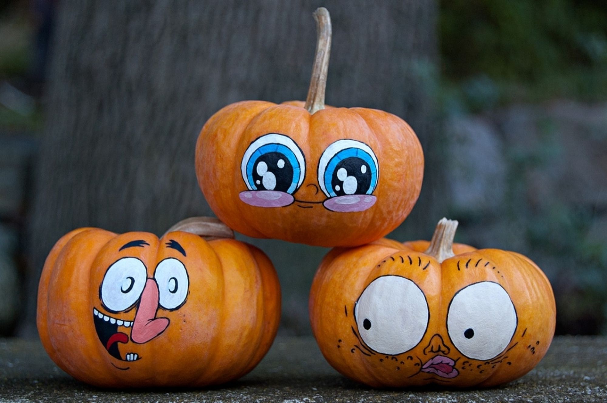 A photo of three small, squat, orange pumpkins (gourds technically), with the smallest stacked on top of the other two. The background is out of focus, mostly a nearby tree trunk and a rock wall, a lot of blurry green and grey. The pumpkins have faces, painted with acrylic paint, of characters from the cartoon "The Misadventures of Flapjack". I'm not really sure how to describe them, they're very cartoony and stylized and ridiculous.