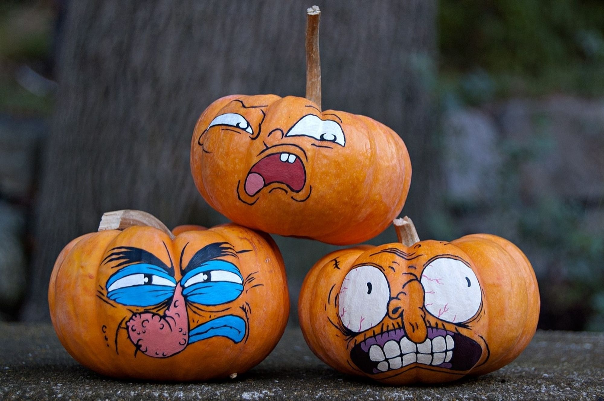 (continued from previous) a second photo of the other side of the pumpkins, which have different faces on this side, but again of characters from the same cartoon. I like to paint pumpkins with sort of opposite vibes on each side, so you can change the way they're facing depending on your mood. This side has more negative vibes where the previous faces were more positive.