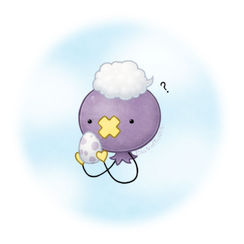 A digital illustration of Drifloon, a round purple pokemon that looks like a bog-standard helium balloon with a cute simple face and a puffy cloud stuck on the top. It doesn't have a body but it has two strings that act as it's arms, with yellow heart-shaped hands. This one is looking curiously at an an egg (white with pale purple spots) that it's holding. A question mark hangs in the air.