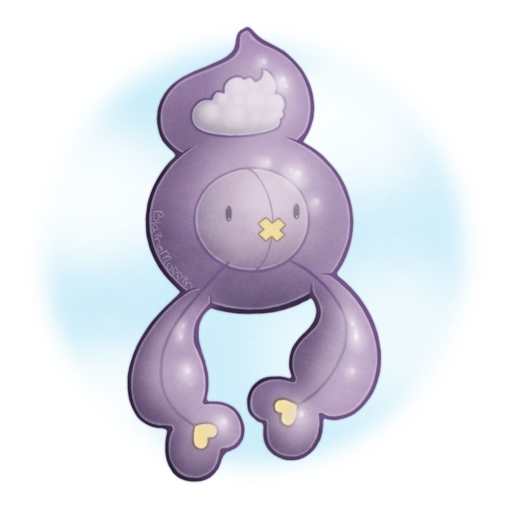 A digital illustration of a pokemon, what a cross between Drifloon and Reuniclus might look like. A bit like a standard Drifloon except with a very thick coating of some kind of smooth transparent jelly-like substance surrounding the entirety of it, including the string arms, hands, and even the cloud on top.