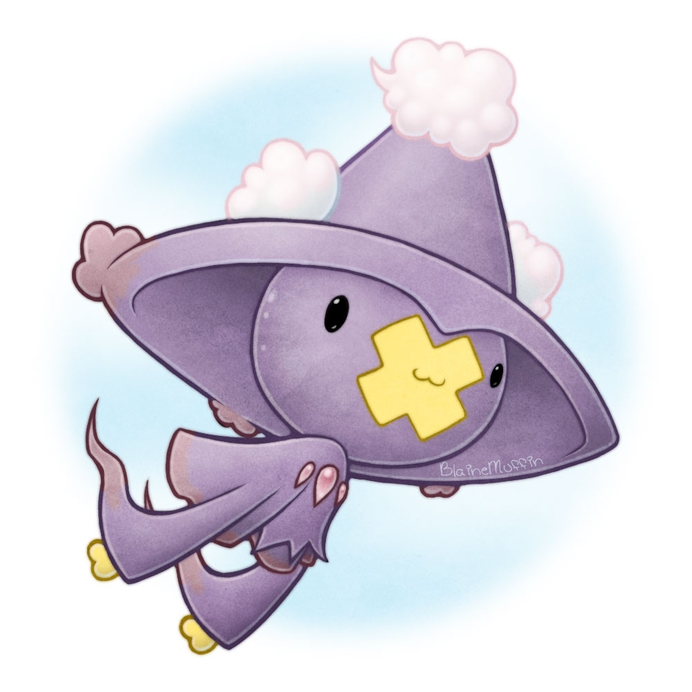 A digital illustration of a pokemon, this is what a cross between a Drifloon and a Mismagius might look like. A bit like a balloon wearing a pointy witch hat, with cloud puffs stuck to the top and sides of the hat. From the part where the balloon would be tied, it's wearing a flowing robe with long sleeves, the edges of its heart-shaped hands are peeking out the ends.