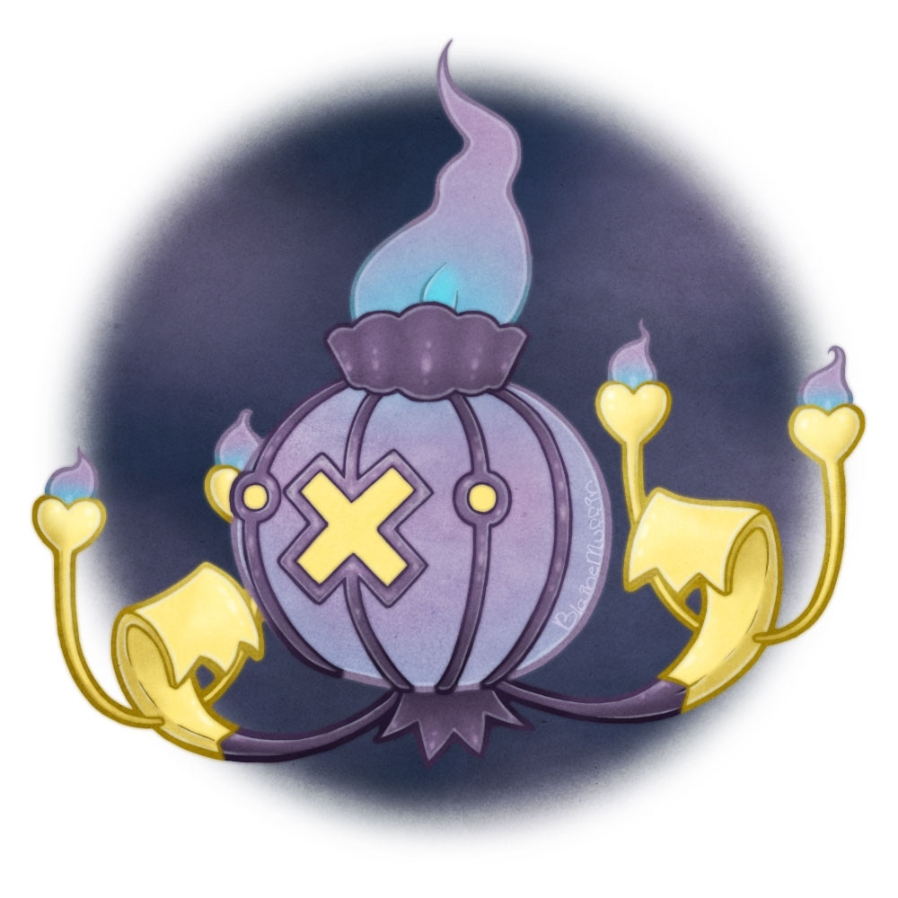 A digital illustration of a pokemon, what a cross between Drifblim (Drifloon's evolution, looks like a hot-air balloon) and Chandelure (looks like a metal chandelier with natural gas fueled flames) might look like. The round head is probably made of glass with a metal frame that cages it in. There's a large flame coming from the top. From the bottom, it has two ribbon-like metal arms that curve upward and curl in at the ends, which then branch twice out and upwards, ending in a heart shape that holds a small flame.