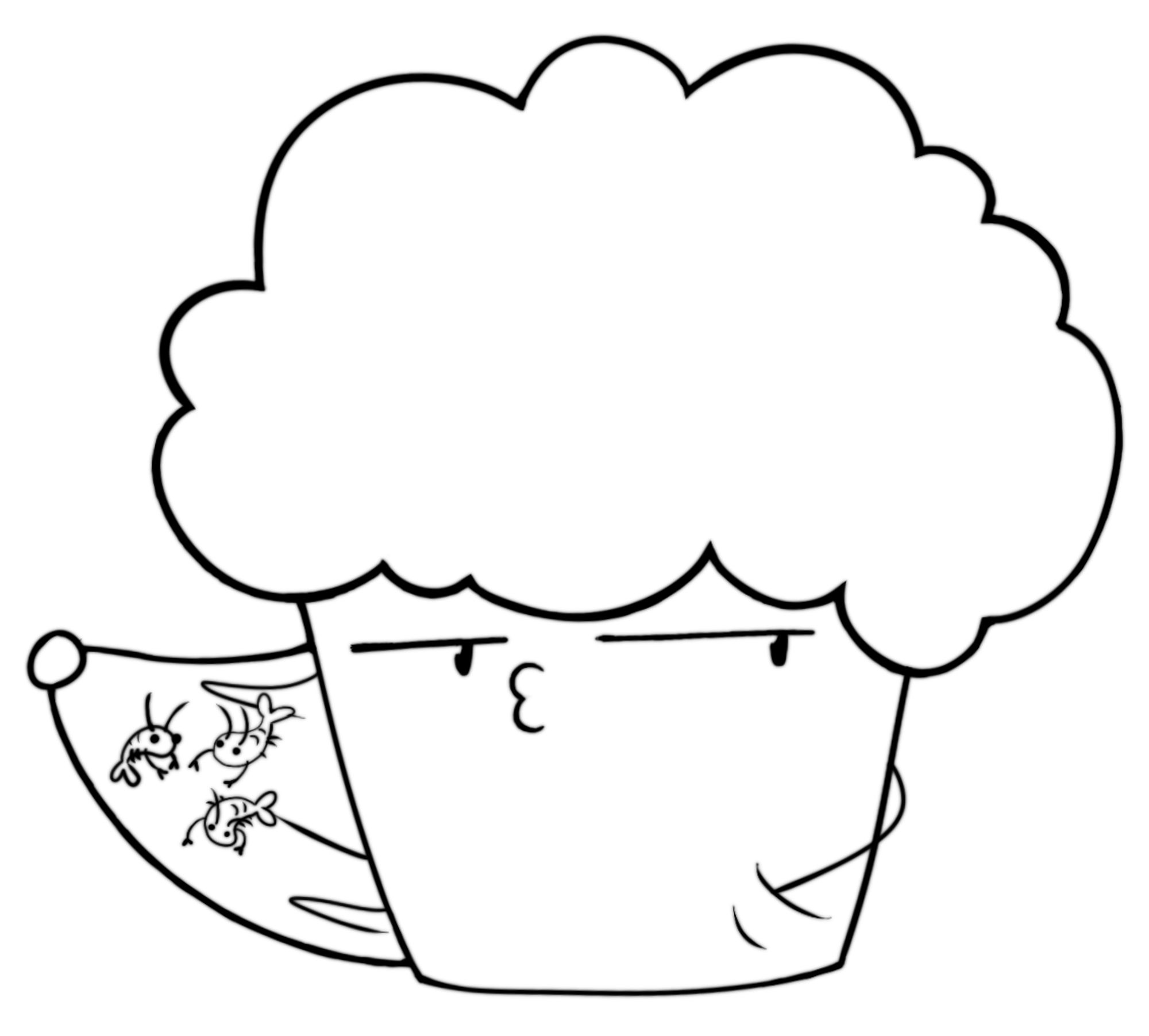 A digital doodle (just black and white lineart) of a cartoony muffin with a face on the wrapper in a simple style, looking to the right with a shady suspicious expression. Also somehow is holding up a section of the wrapper like a guy with a trenchcoat selling counterfeit watches, except inside is three live shrimp. The other hand is tucked in a pocket, despite again just being a muffin and not wearing clothes.