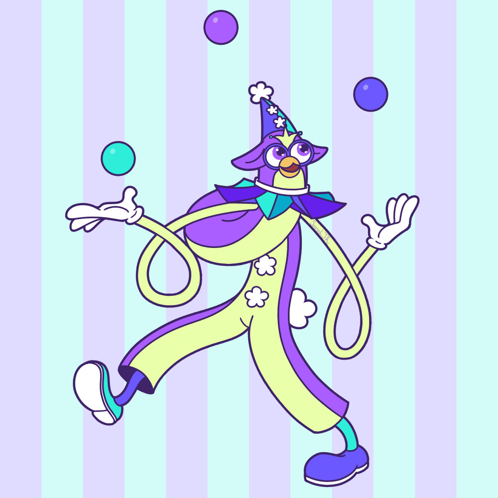 Drawing of a long Furby long twisty arms. They are styled like a clown and juggling 3 balls