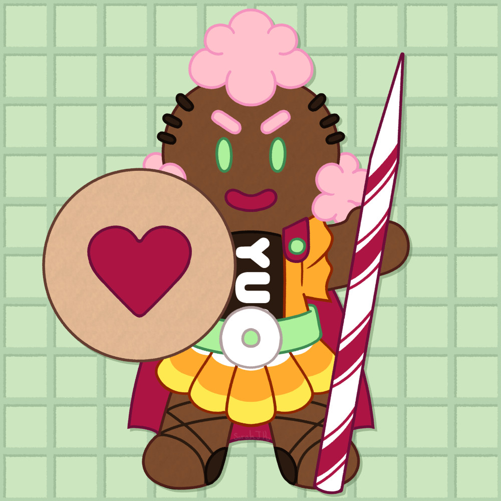 Drawing of a gingerbread woman warrior with cotton candy hair, a cookie shield and candy cane spear