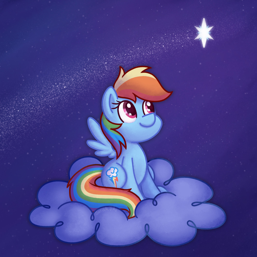 Digital art drawing of Rainbow Dash from My Little Pony sitting on a cloud looking up at a shooting star