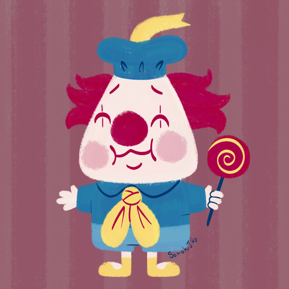 Illustration of a little boy clown in a sailor's outfit holding and oversized lollipop