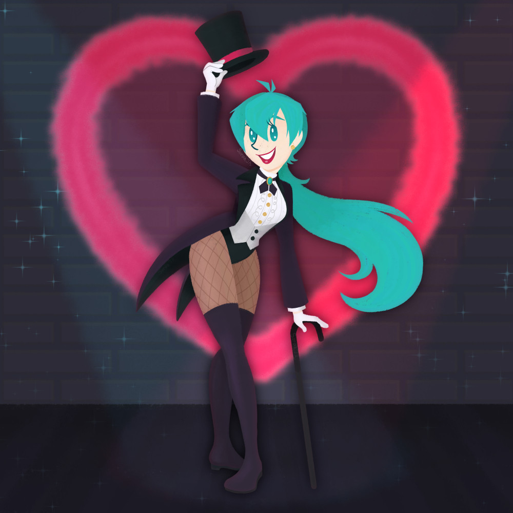 Drawing of Hatsune MIku in her Magician outfit from Project Diva. She is on a stage in front of a brick wall with a large glowing pink heart behind her