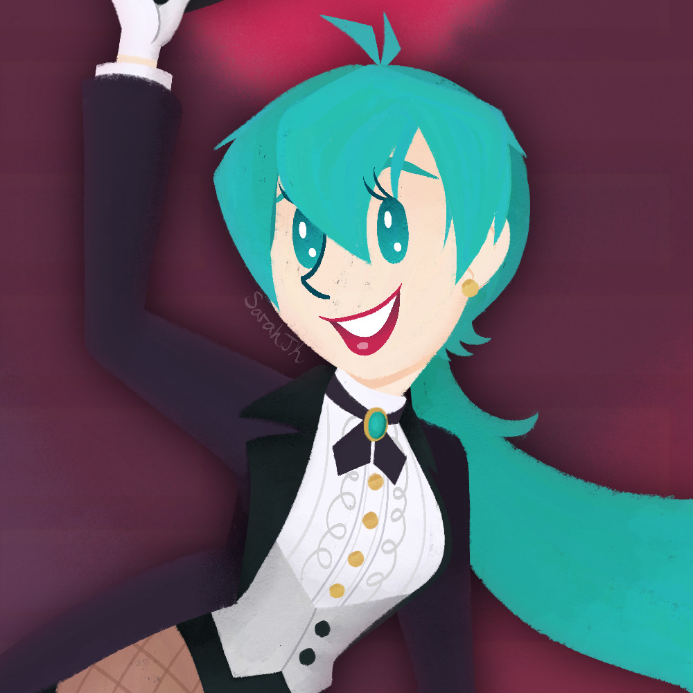 Waist up drawing of Hatsune Miku wearing her Magician outfit from Project Diva. This is a cropped version of the other image