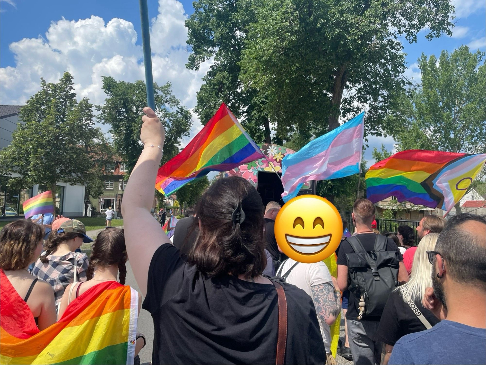 Demonstrierende u.a. mit Pride Flags auf der Straße in Rheinsberg.