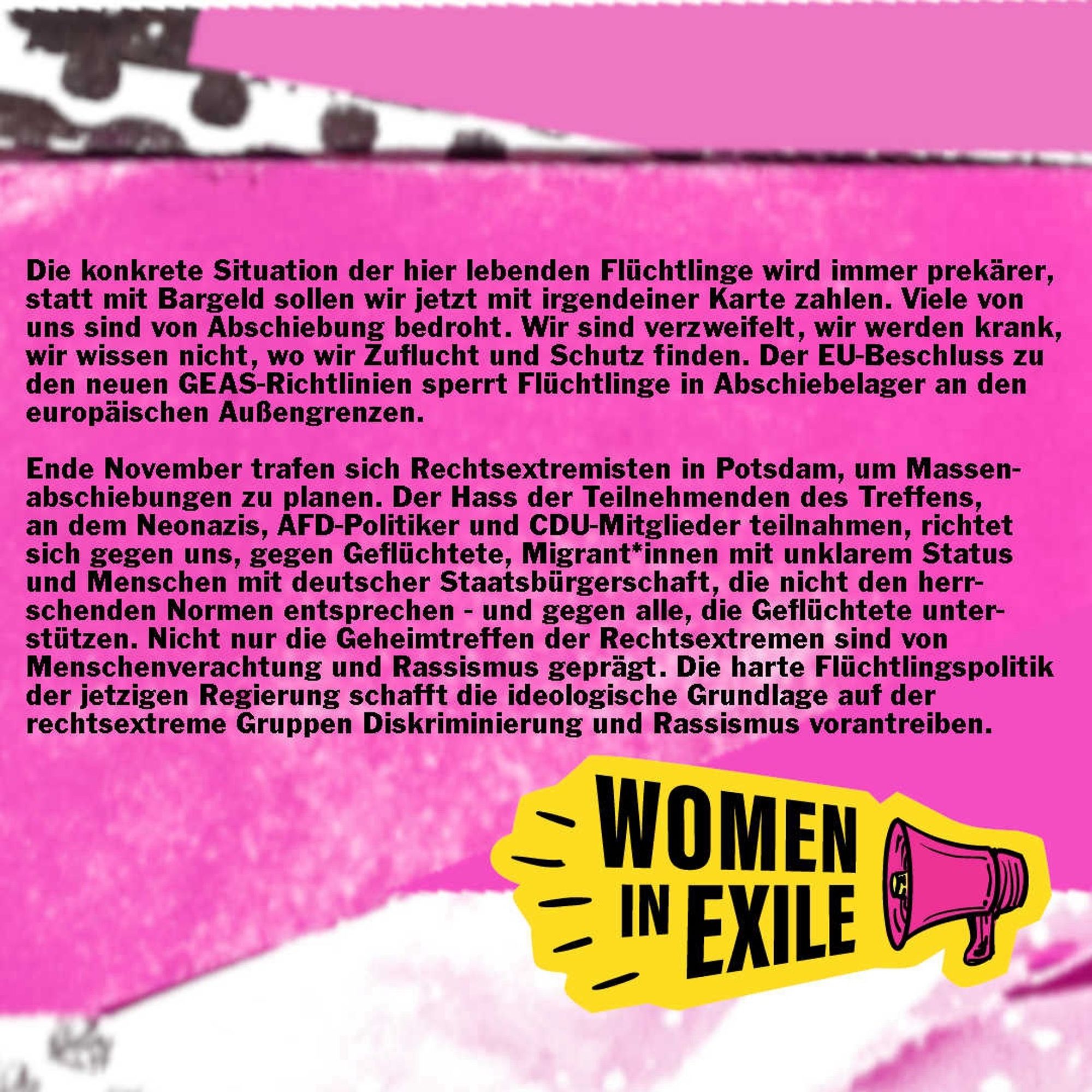 Zweite Seite des Demoplakats mit der inhaltlichen Beschreibung. Den Text findet ihr auch auf der Website https://www.women-in-exile.net/allgemein/einladung-zur-8-maerz-demonstration-in-potsdam-von-11-14uhr/