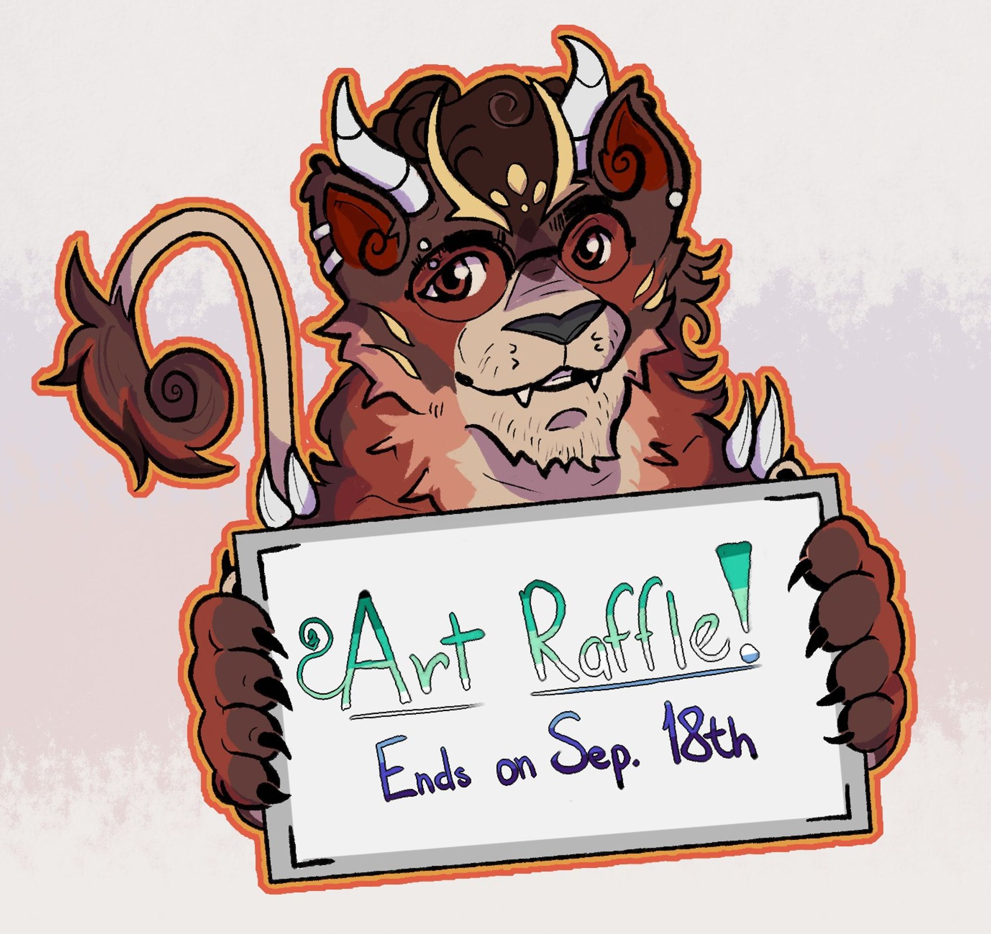 In English: My fursona, a dragon-like lion holding a cardboard sign announcing the art raffle, ends on September 18th. Em português. Minha fursona, um dragão-leão segurando uma placa anunciando o sorteio de arte, que termina no dia 18 de setembro.