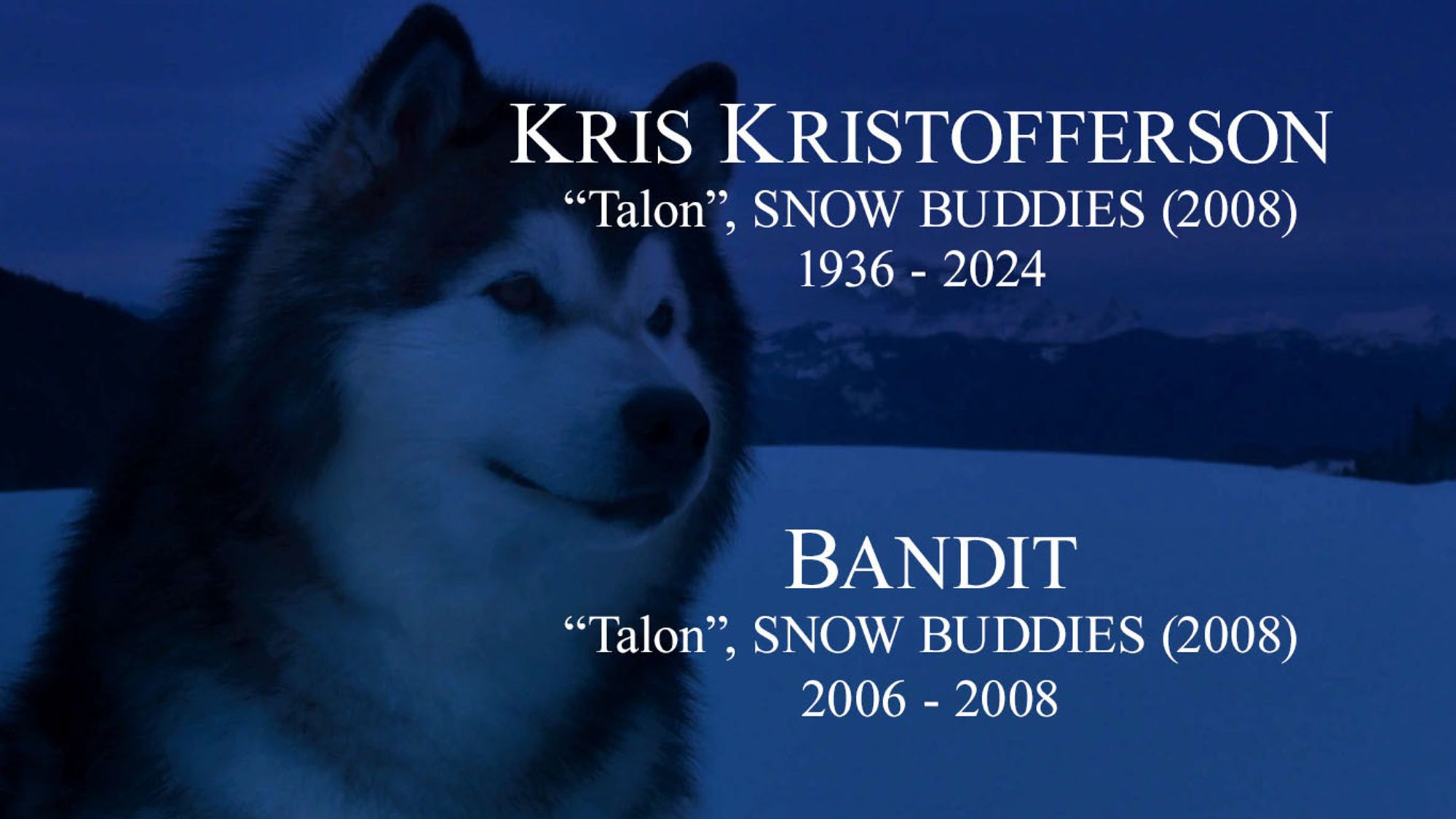 Talon the dog, voiced by Kris Kristofferson, from the 2008 Disney film SNOW BUDDIES, during which NOTHING BAD HAPPENED YOU DONT NEED TO CHECK