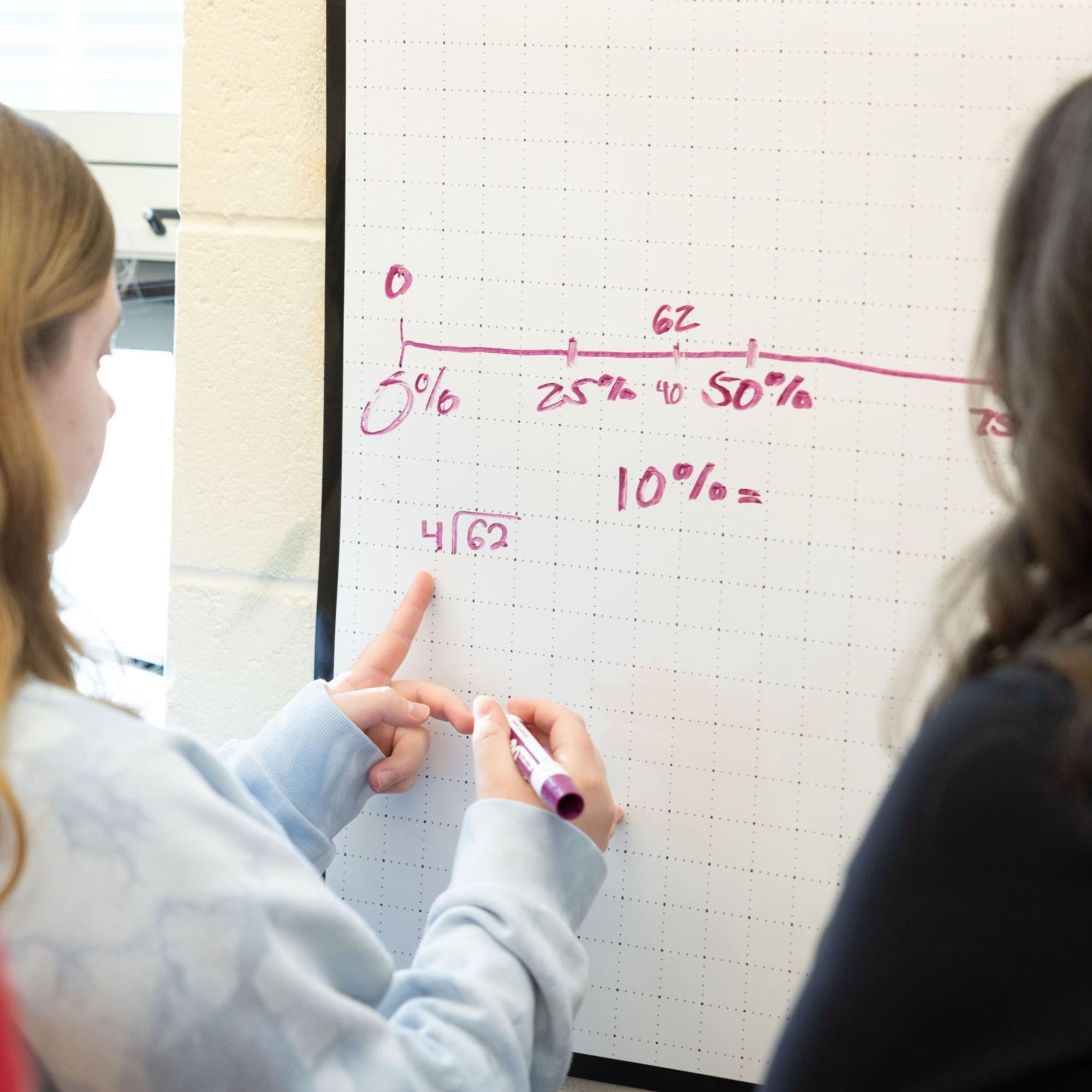 Two students in front of a whiteboard. One is holding a pink marker. The whiteboard shows a number line with percentages.