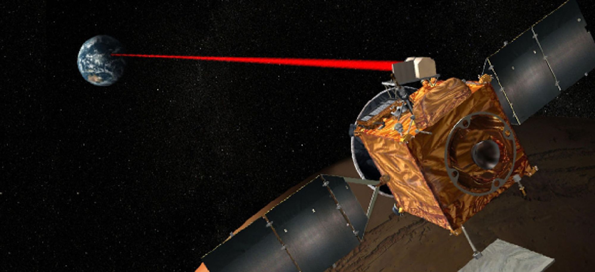 Un satellite envoie (ou recoit) un signal laser à la Terre.