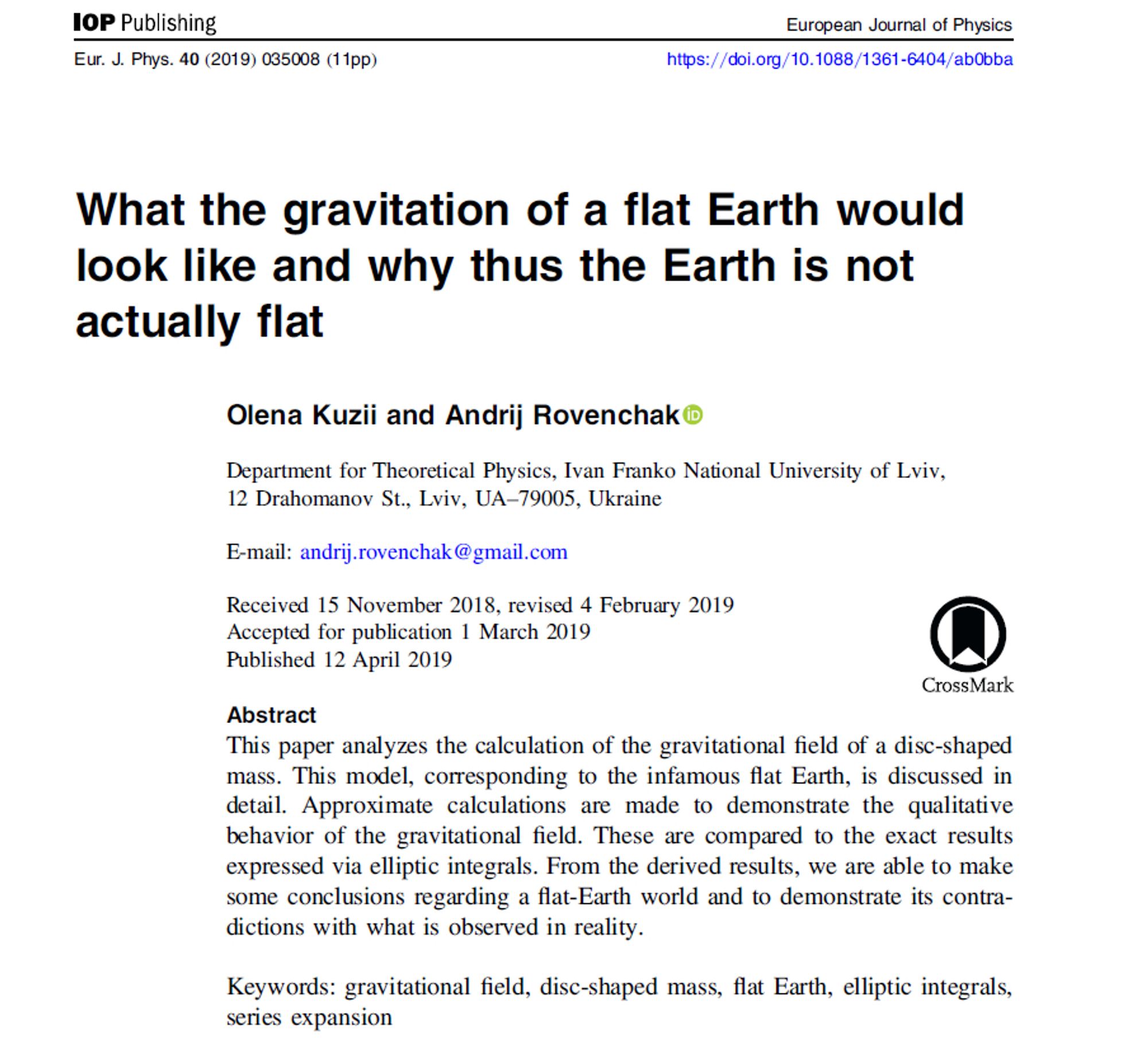 Capture d'écran du papier "What the gravitation of a flat Earth would look like and why thus the Earth is not actually flat"