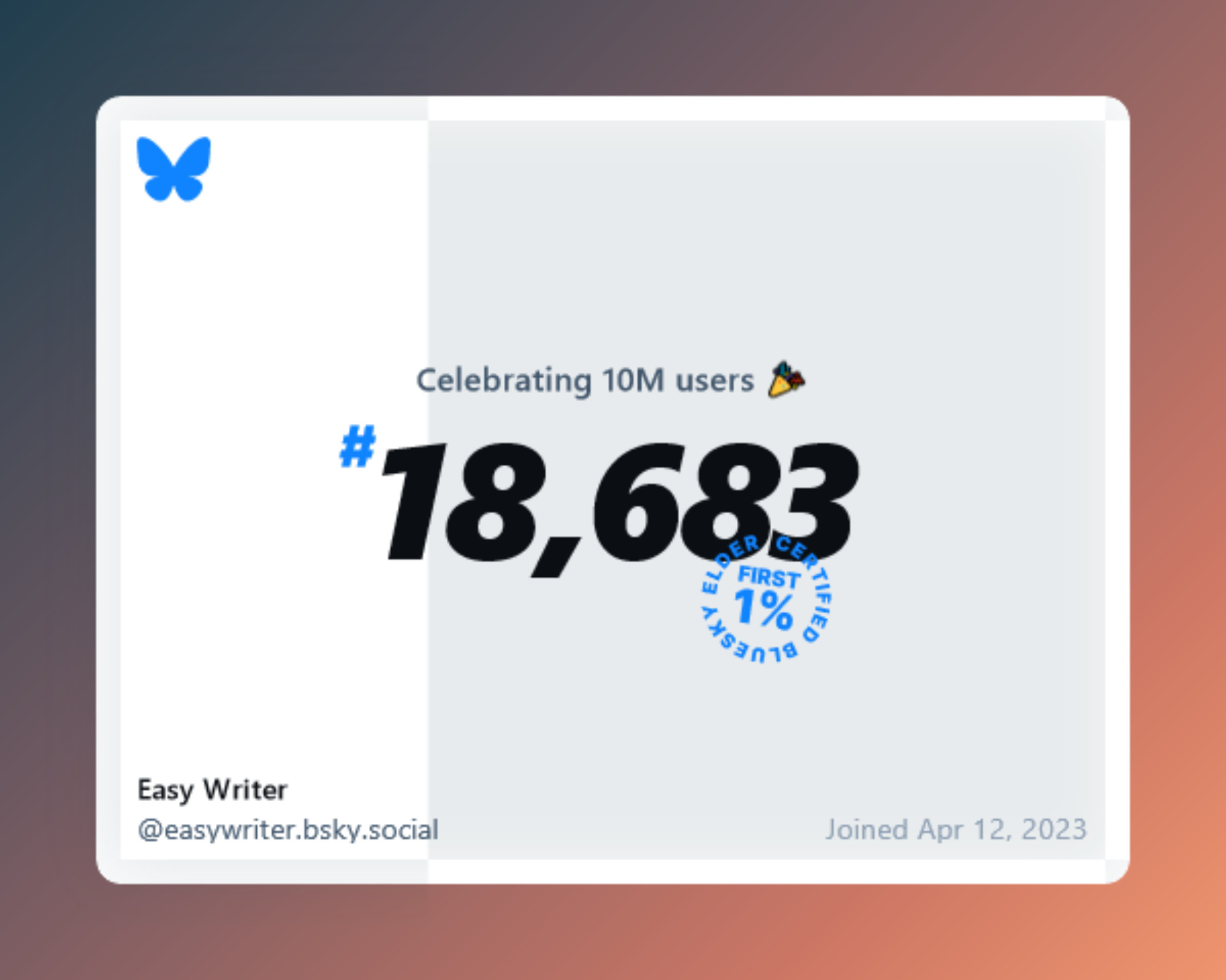 BlueSky badge showing this account was user #18683 and in the first 1% Elder Certified