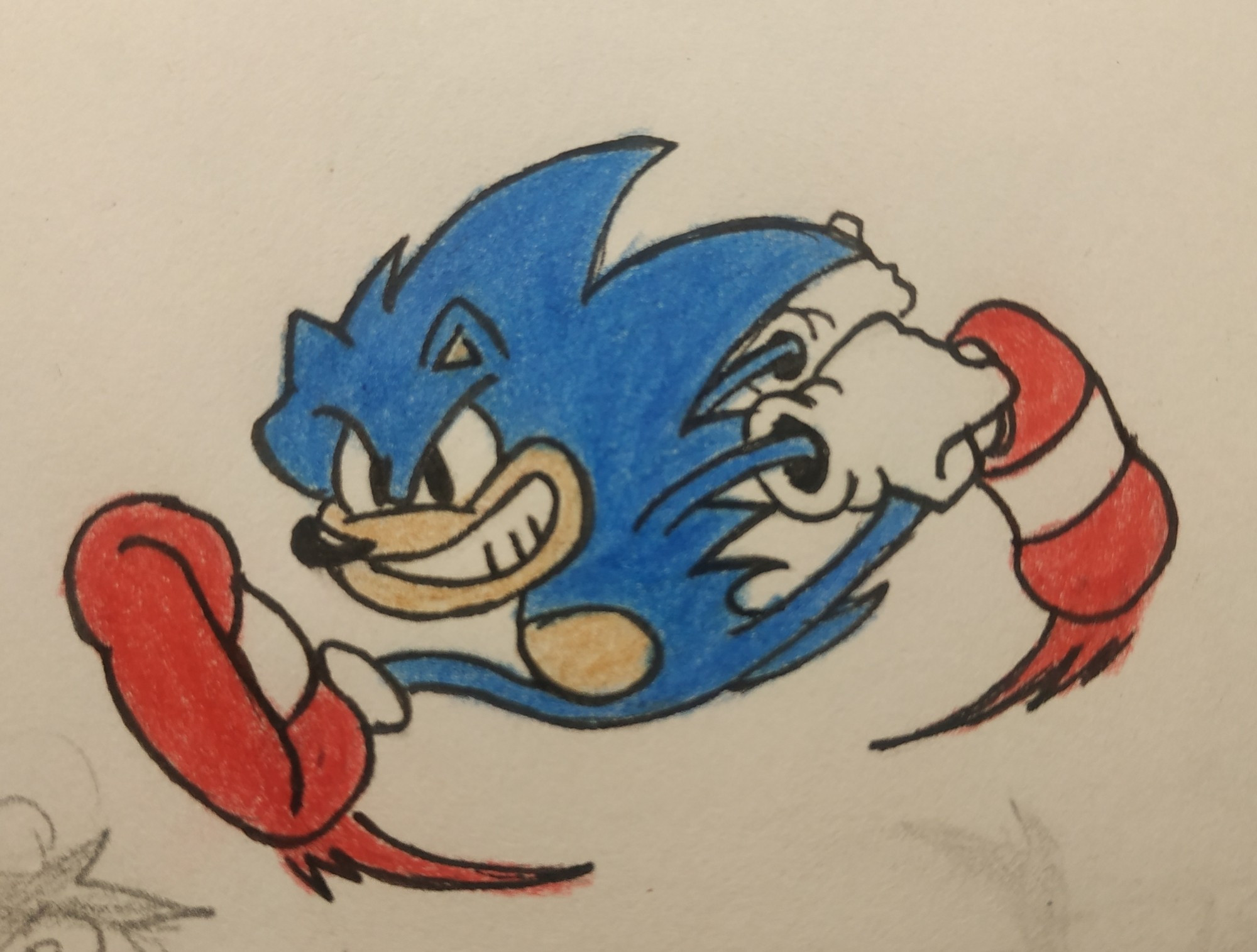 Pencil colored sketch of Sonic running with his arms pulled back, looking confident // Sketch coloreado a lápiz de Sonic corriendo con sus brazos hacia atrás con una mirada confiada