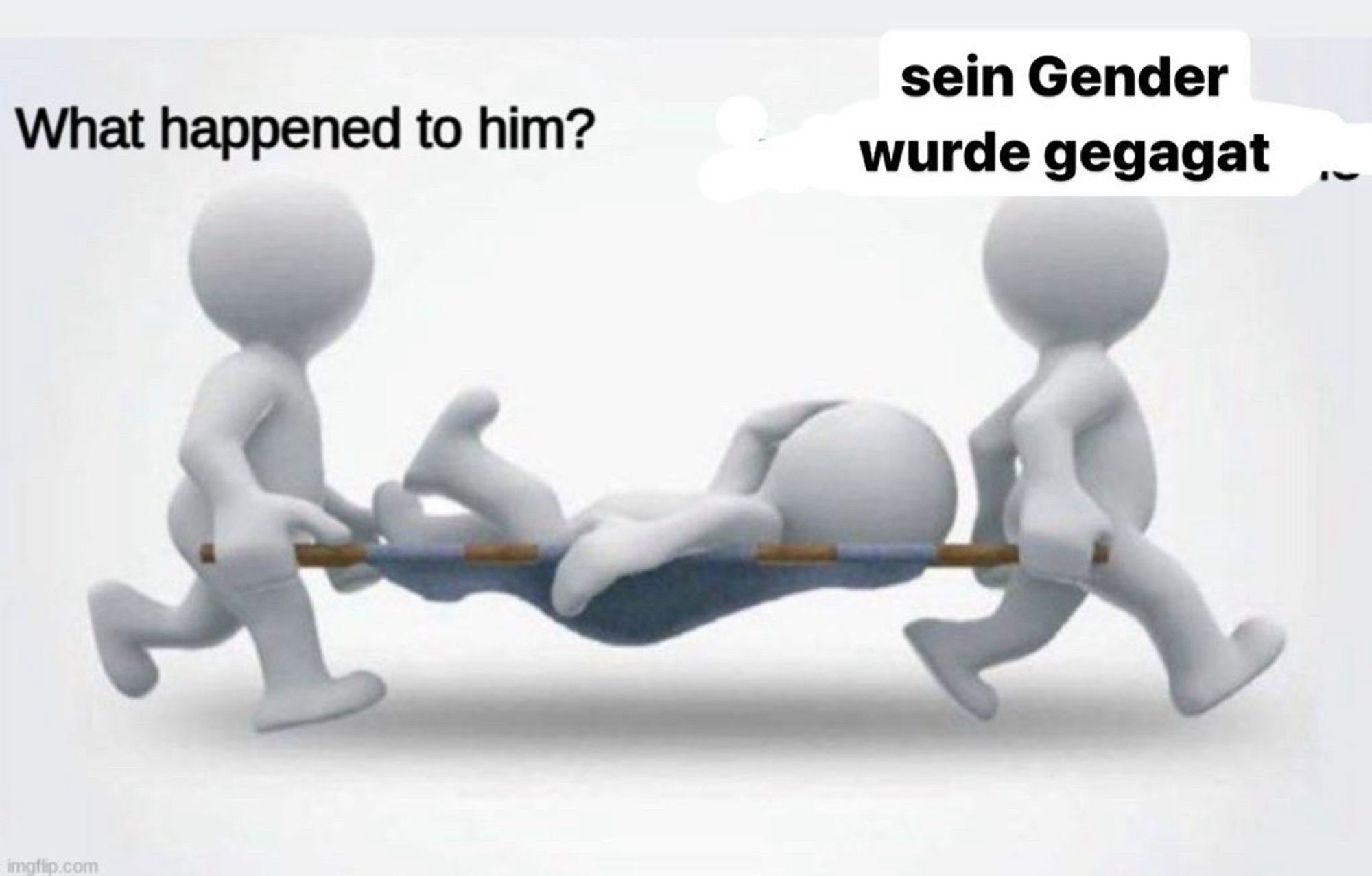 Meme, zwei Figuren tragen eine dritte Figur auf einer Frage. Figur links „what happened to him?“, Figur rechts (offensichtlich ausgetauschter Text) „sein gender wurde gegagat“