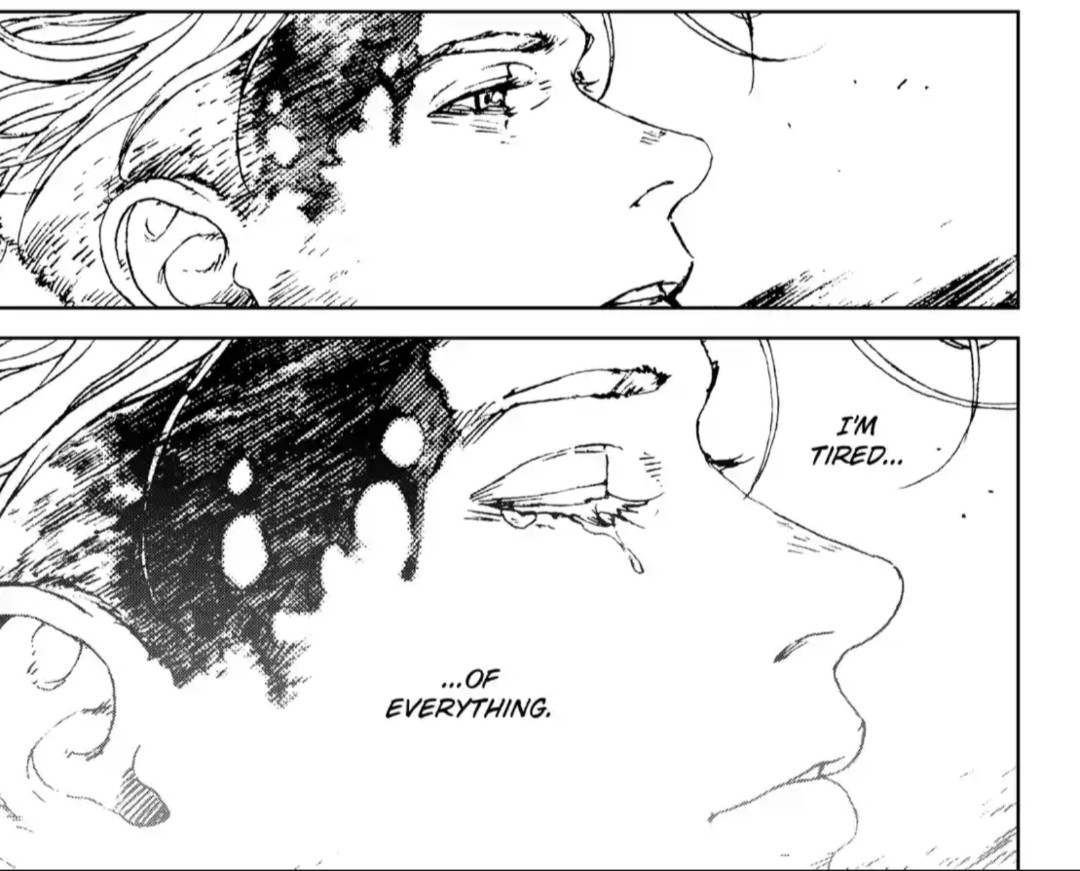 Two panels from the manga Night Light Hounds, picturing the protagonist succumbing to his despair and exhaustion.