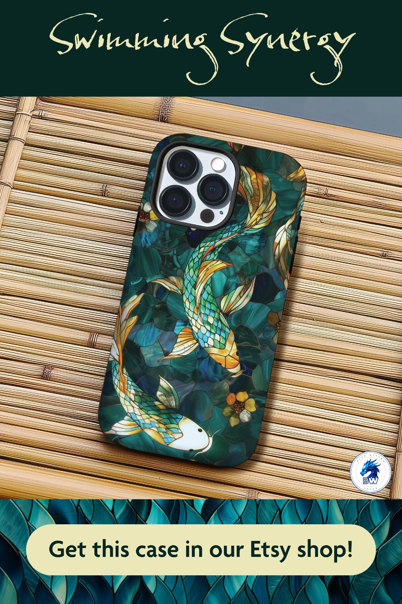 Swimming Synergy. Get this case in our Etsy shop. Koi fish stained glass mosaic phone case.
