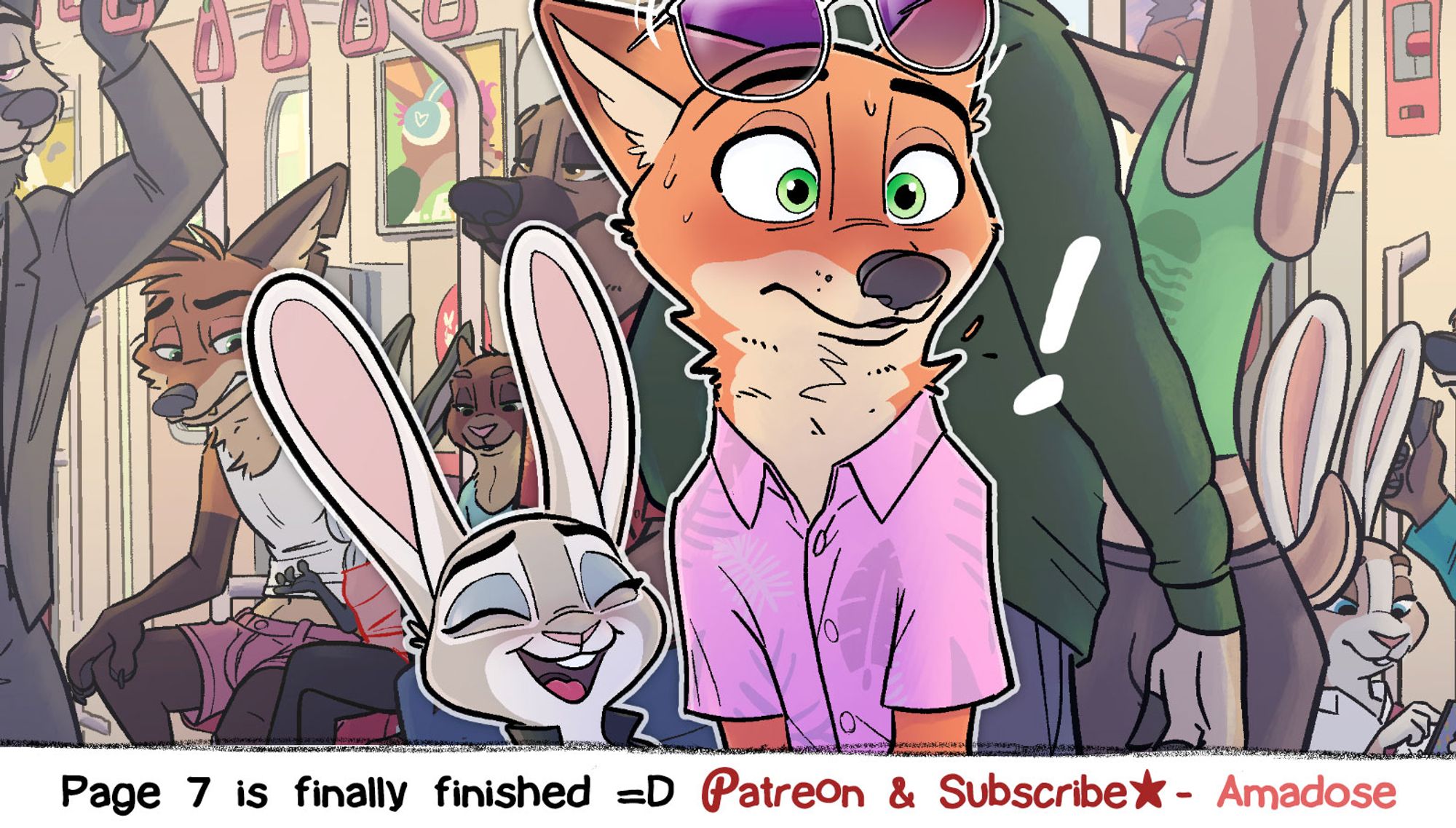 A crop from a finished comic, of Nick reacting to something Judy said on a busy monorail. LOTS of critters on show! Drawn by Amadose