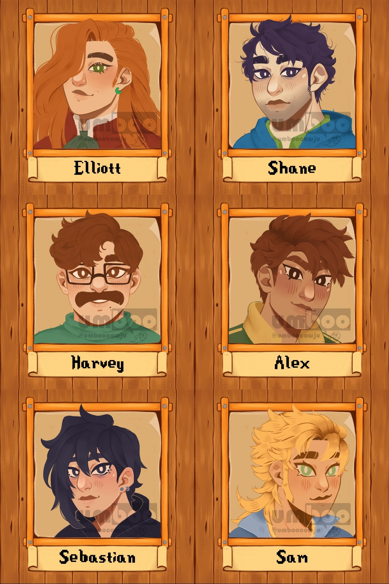 Art of stardew valley's bachelors, replicating their in game portraits with new expressions/clothes and in my style