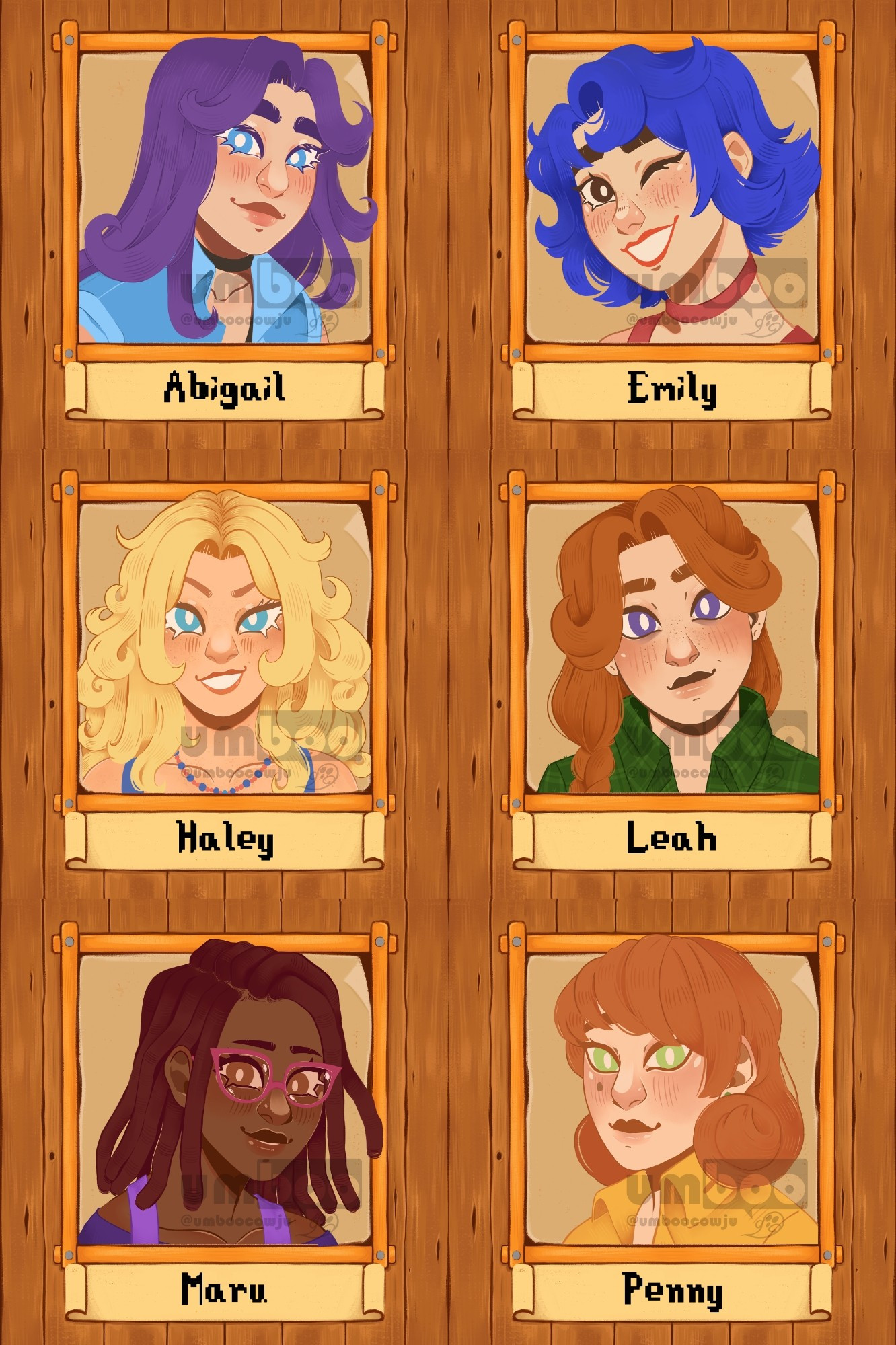 Art of stardew valley's bachelorettes, replicating their in game portraits with new expressions/clothes and in my style