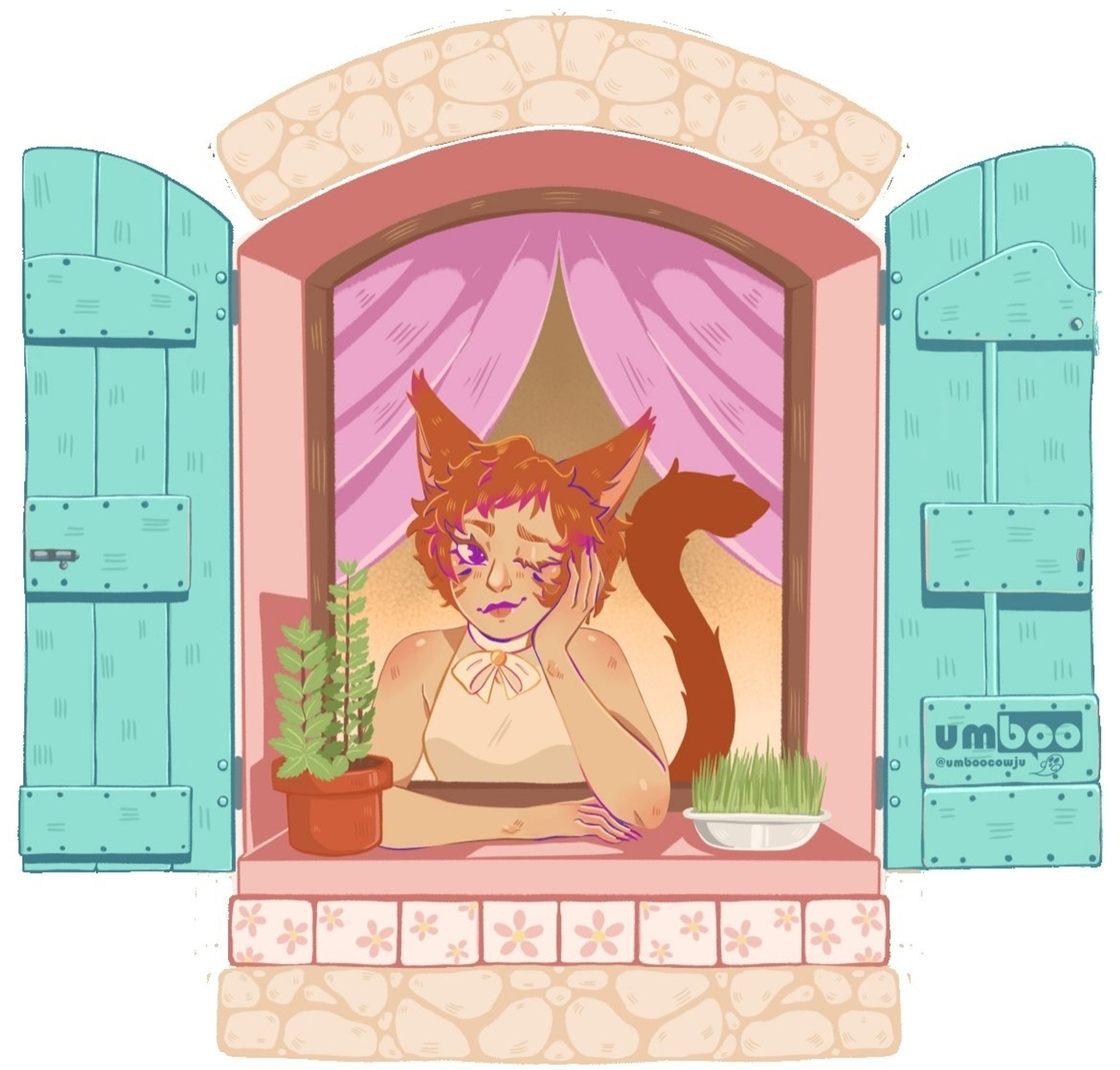 Art of a character looking out of a window. She has brown-ish/orange-ish hair, purple eyes and cat ears and tail. She's resting her face on one of her hands. The widow has greenish wooden doors, some decorative painted tiles and rocks under it. There's a cat grass pot on one of her sides and a mint plant on the other