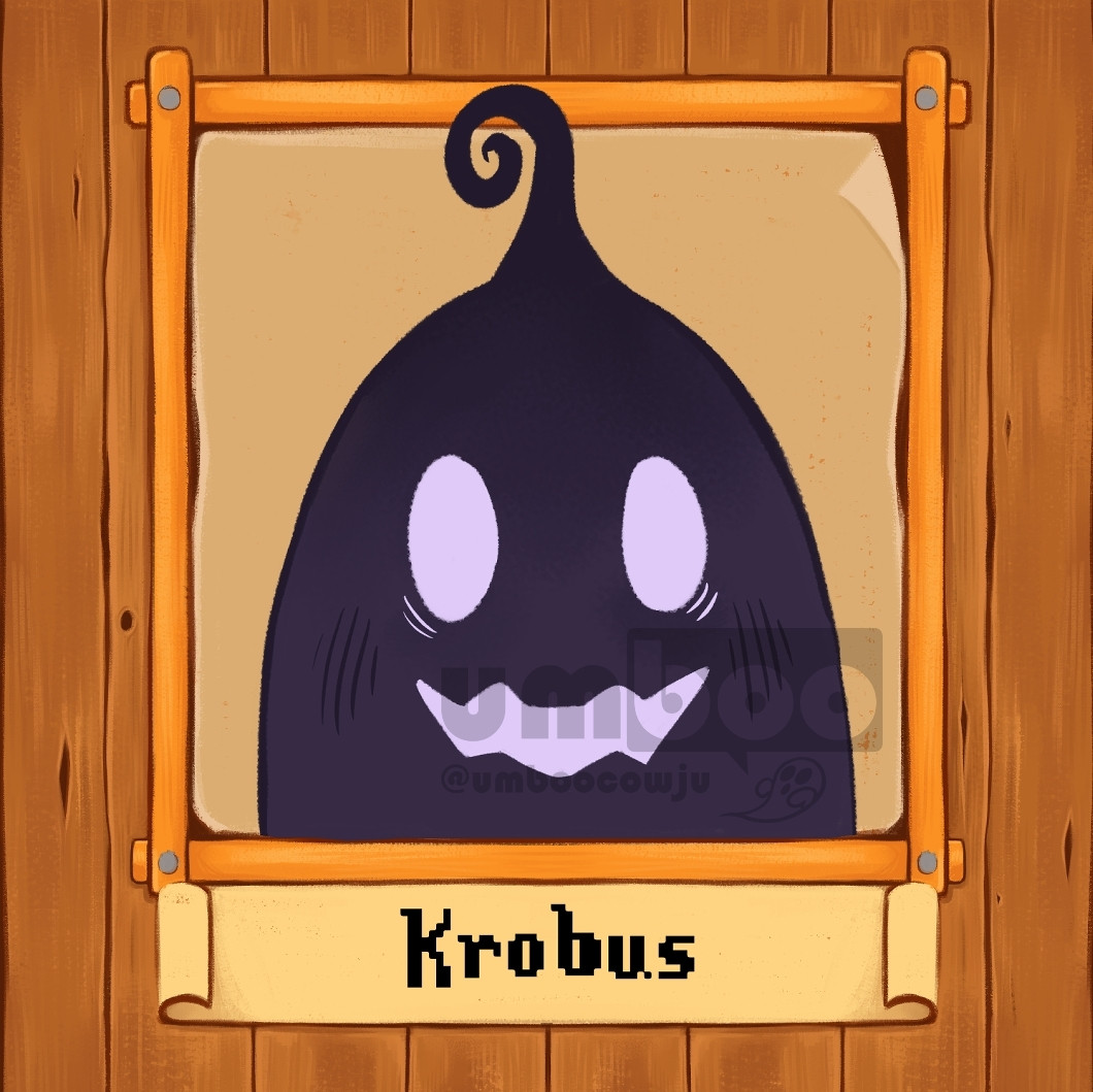 Art of stardew valley's character Krobus, replicating their in game portrait with a new expression and in my style