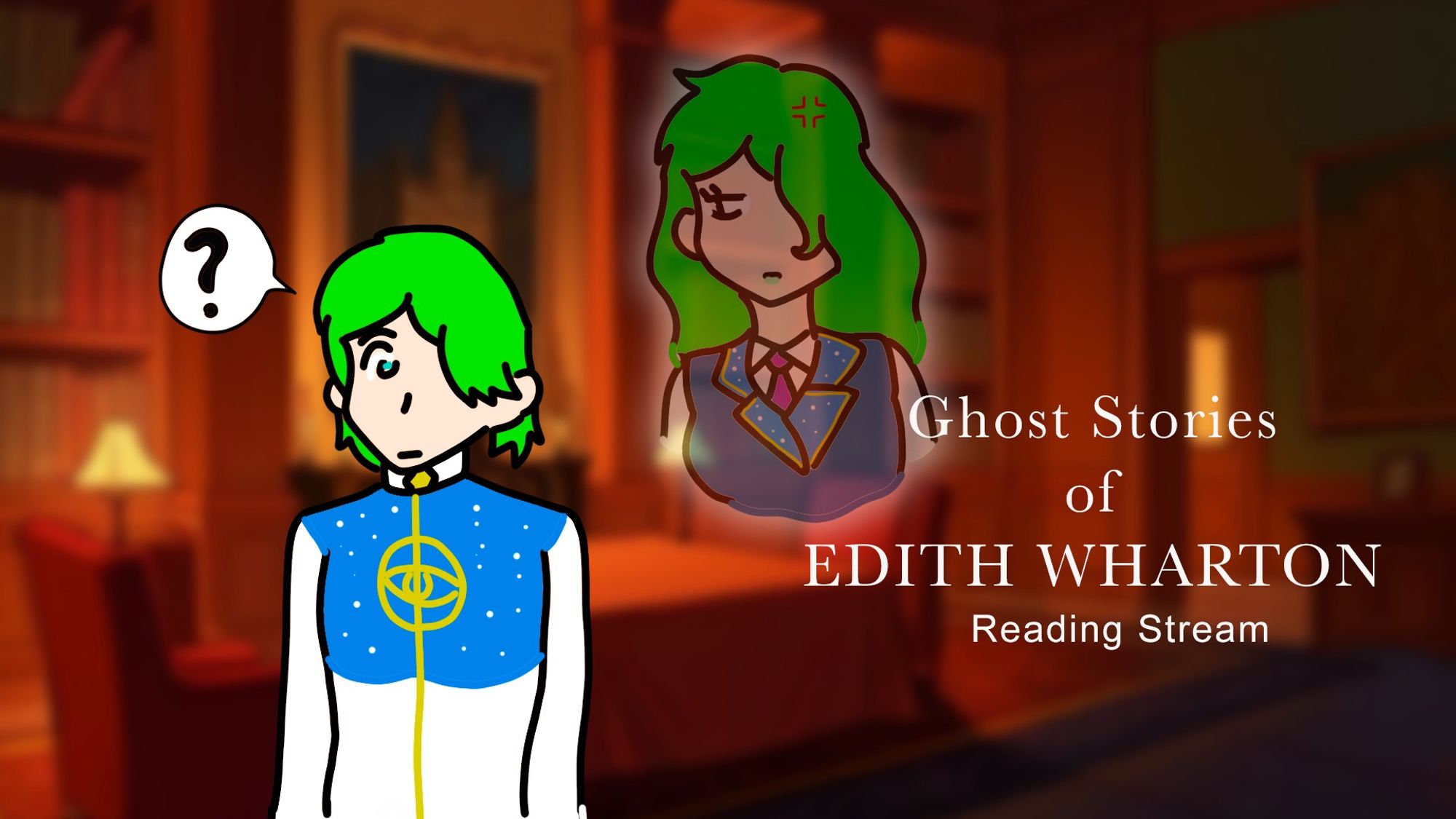 A confused Matsu Quinox stands in a manor room, behind him is a transparent ghostly female version of himself.