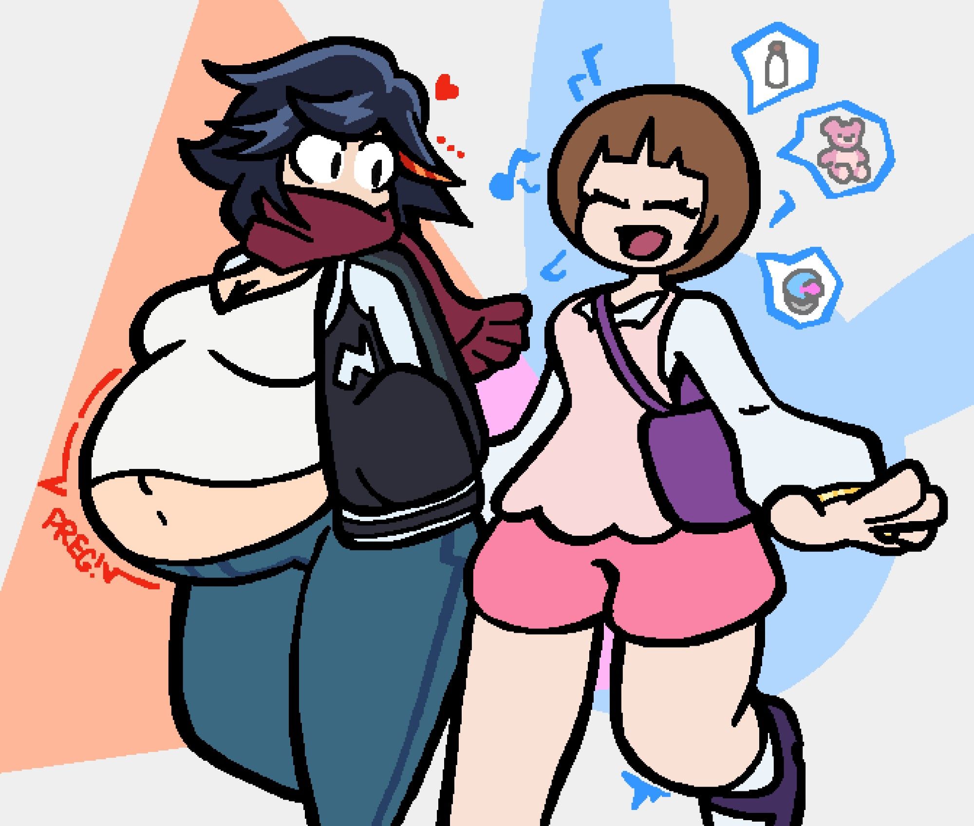 Ryuko Matoi and Mako Mankanshoku walking together, with Ryuko sporting a hefty, nine-month pregnant belly that's peeking out from her clothes. She's listening intently to Mako, prattling on about what to buy for their baby. They are dressed in outfits they were seen wearing in the series finale of Kill la Kill.