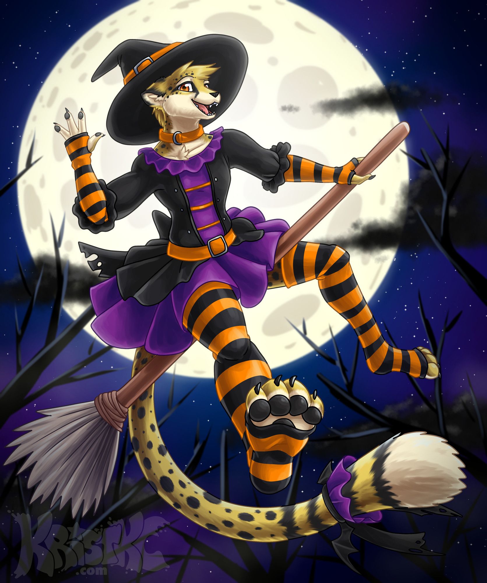 Cheetah anthro dressed as a witch in black, orange, and purple. He is flying on a broomstick with a huge moon behind him and spooky branches.