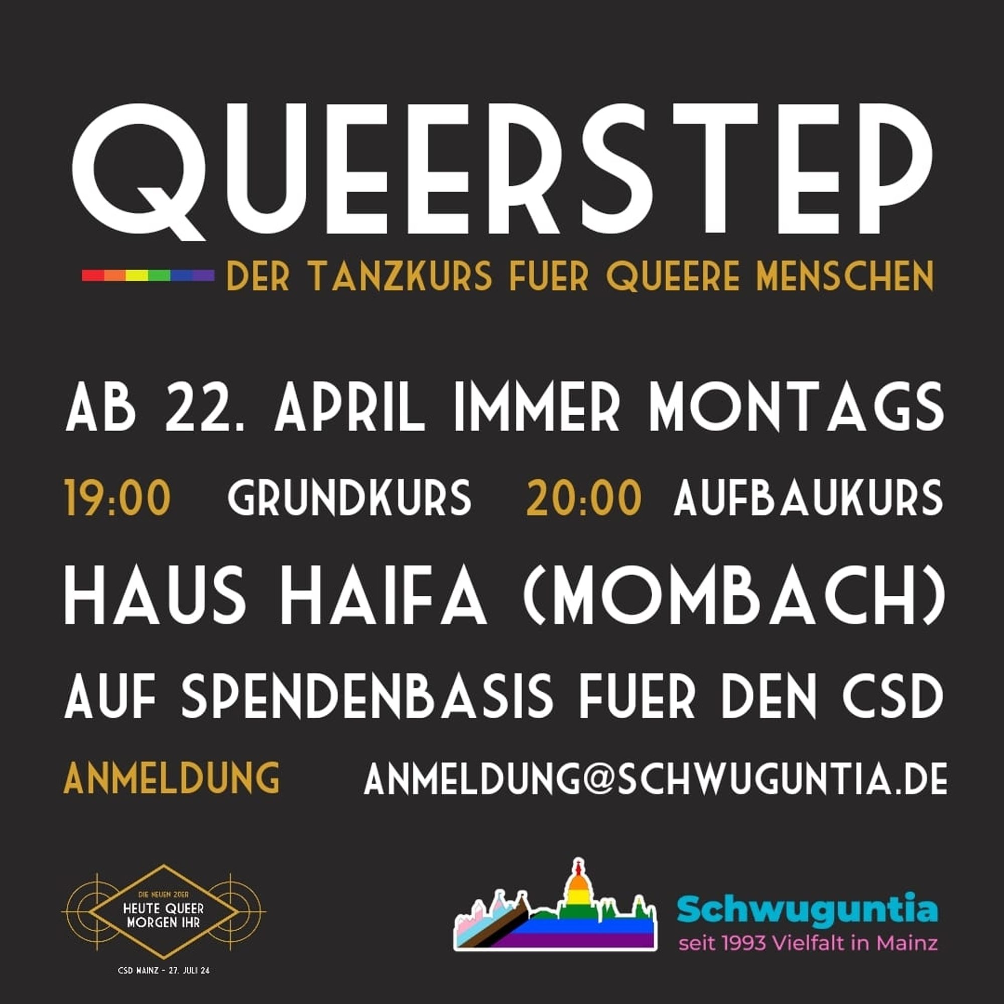 "Queerstep" der Tanzkurs für queere Menschen. Ab 22. April immer montags un Mainz für 10 Termine. Anmeldung über anmeldung@schwuguntia.de